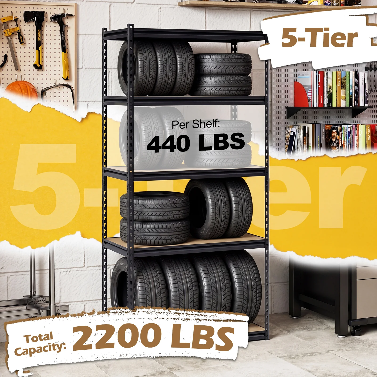 5-Tier Garage Shelving, 2200 LBS Metal Storage, Adjustable Utility Rack - Image 7