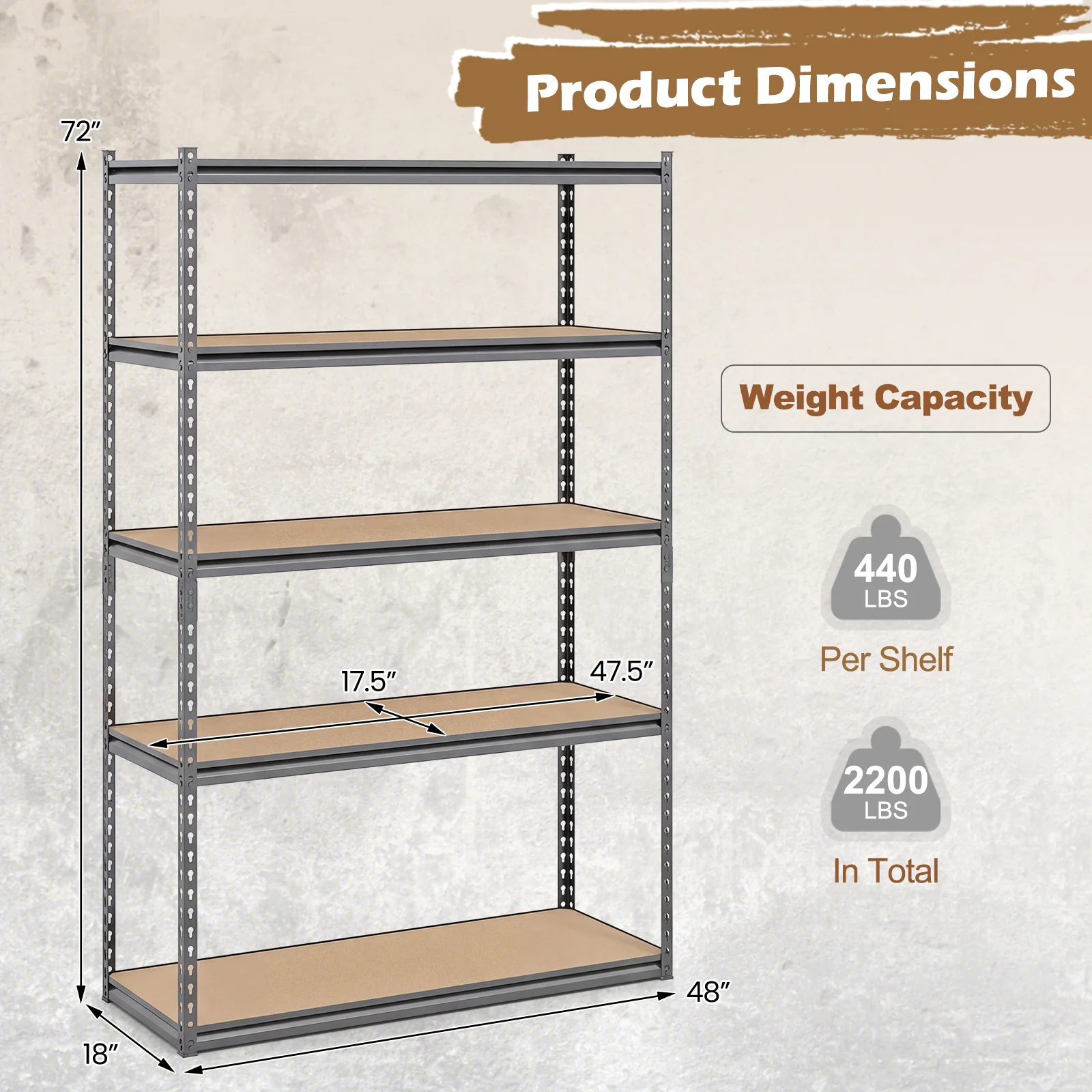 5-Tier Garage Shelving, 2200 Lbs Metal Storage Rack, Adjustable Utility Shelf - Image 4