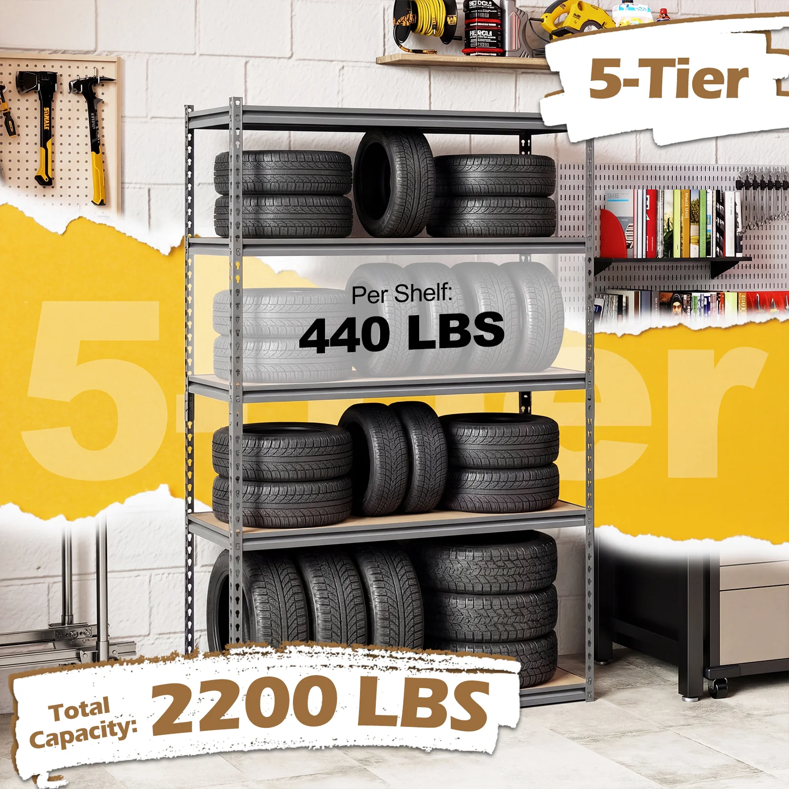 5-Tier Garage Shelving, 2200 Lbs Metal Storage Rack, Adjustable Utility Shelf - Image 7