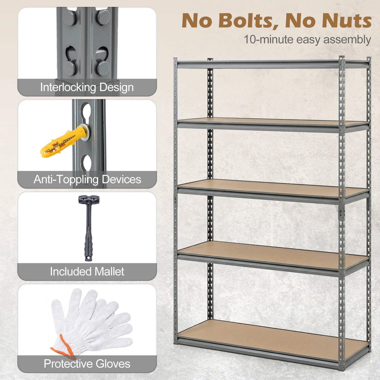 5-Tier Garage Shelving, 2200 Lbs Metal Storage Rack, Adjustable Utility Shelf - Image 8