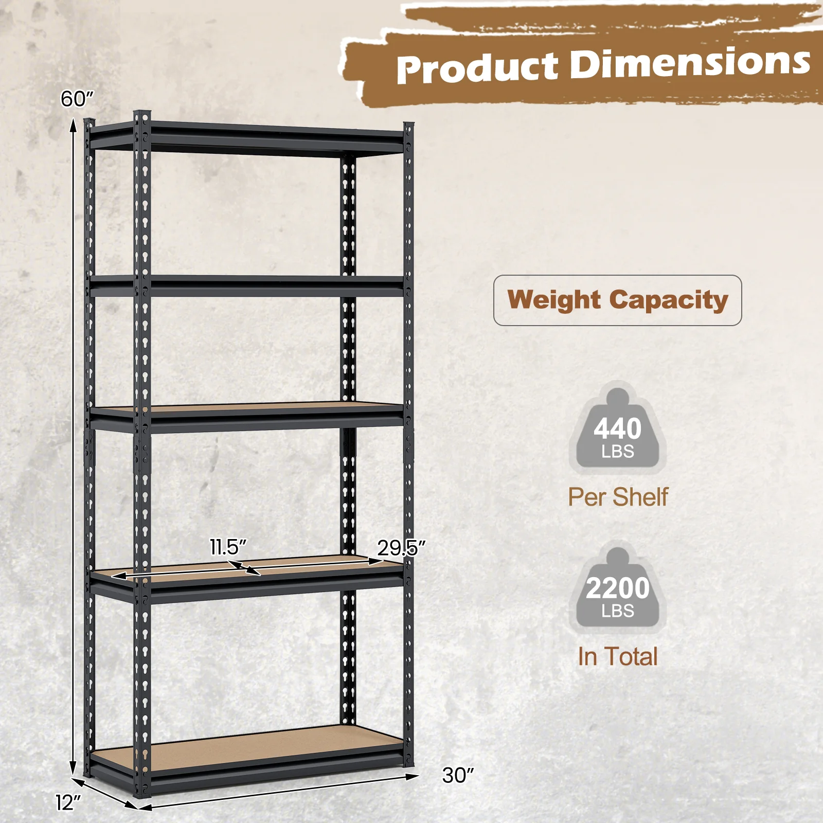 5-Tier Garage Shelving Unit, 2200 Lbs Heavy Duty, Set Of 4, Black - Image 4
