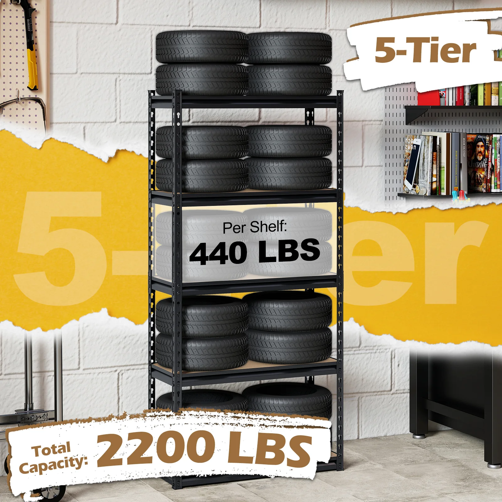 5-Tier Garage Shelving Unit, 2200 Lbs Heavy Duty, Set Of 4, Black - Image 7