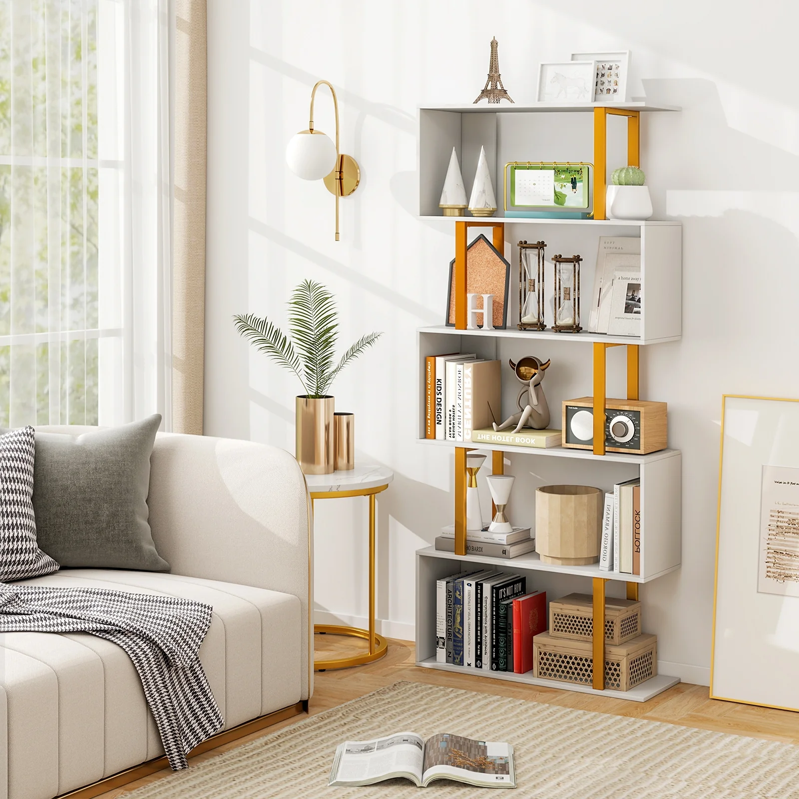 5-Tier Geometric Bookcase, Metal Frame, White - Image 10