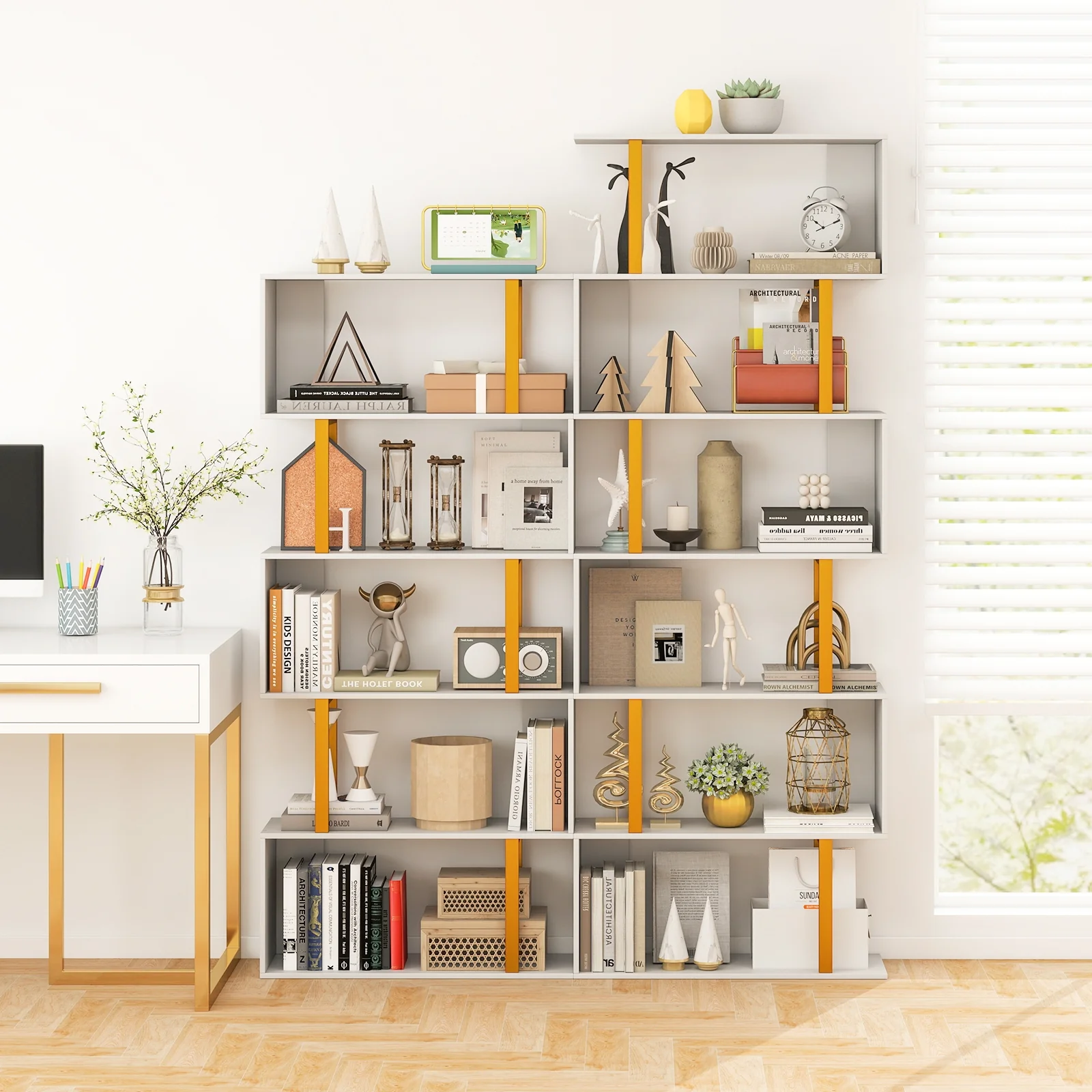 5-Tier Geometric Bookcase, Metal Frame, White - Image 2