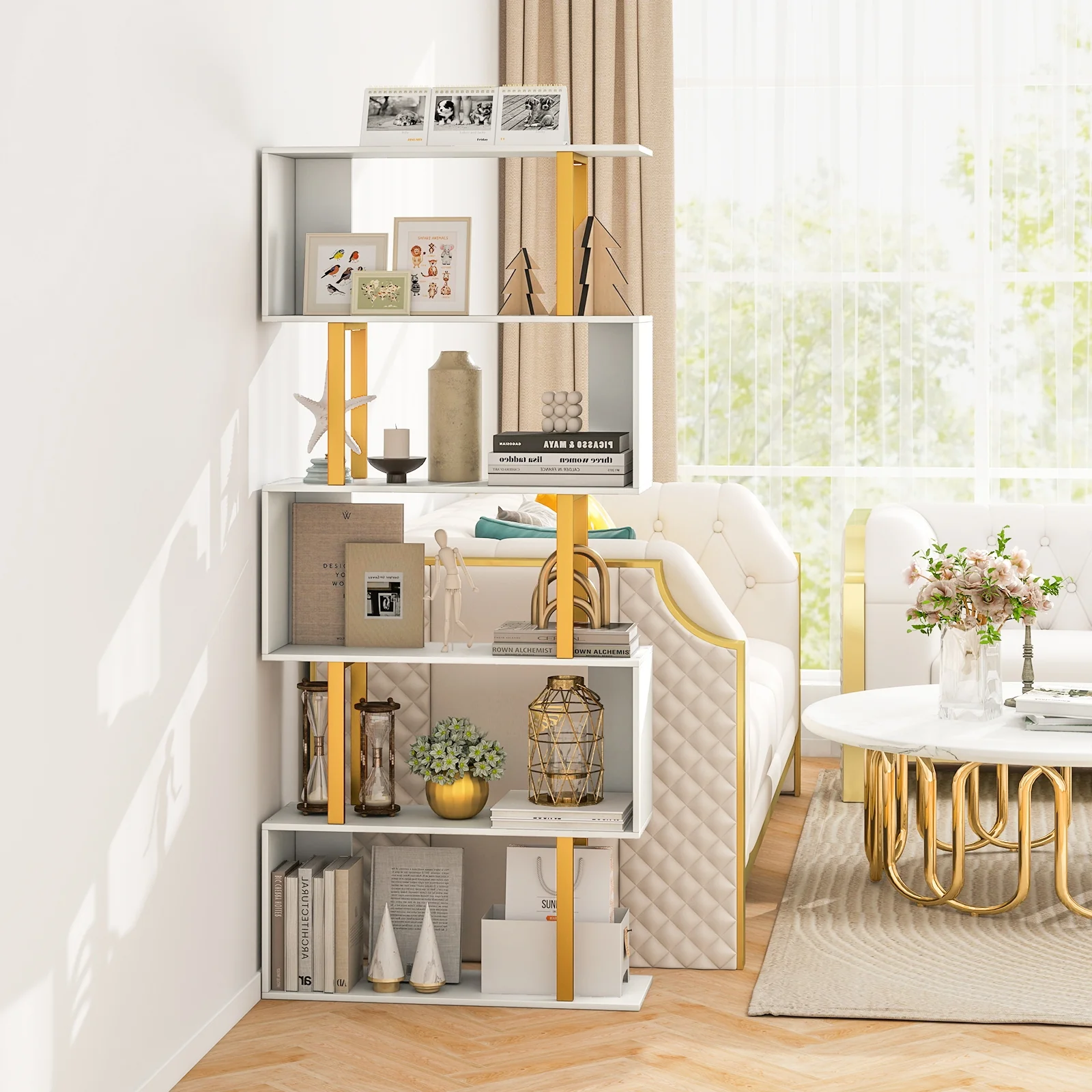 5-Tier Geometric Bookcase, Metal Frame, White - Image 3