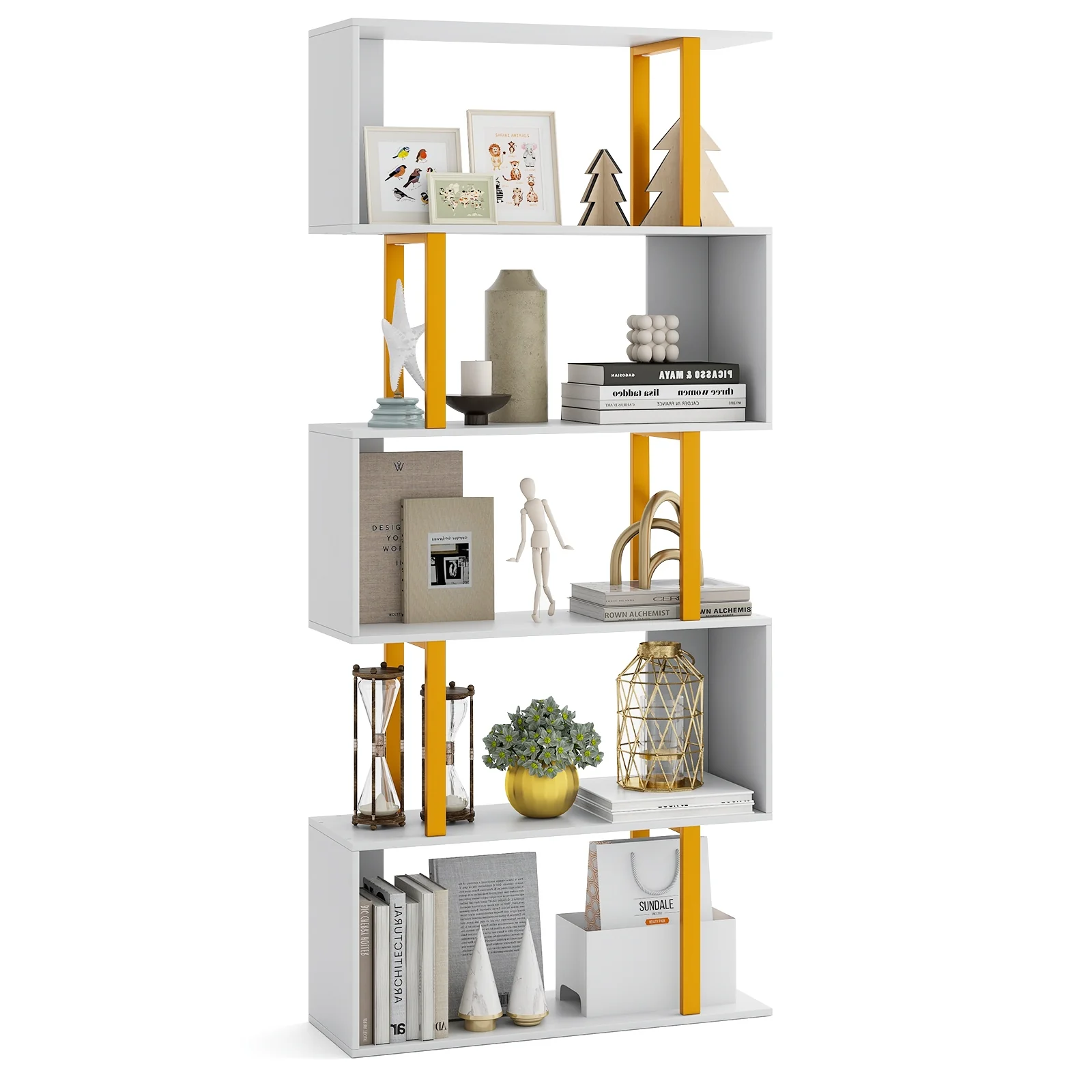 5-Tier Geometric Bookcase, Metal Frame, White - Image 5