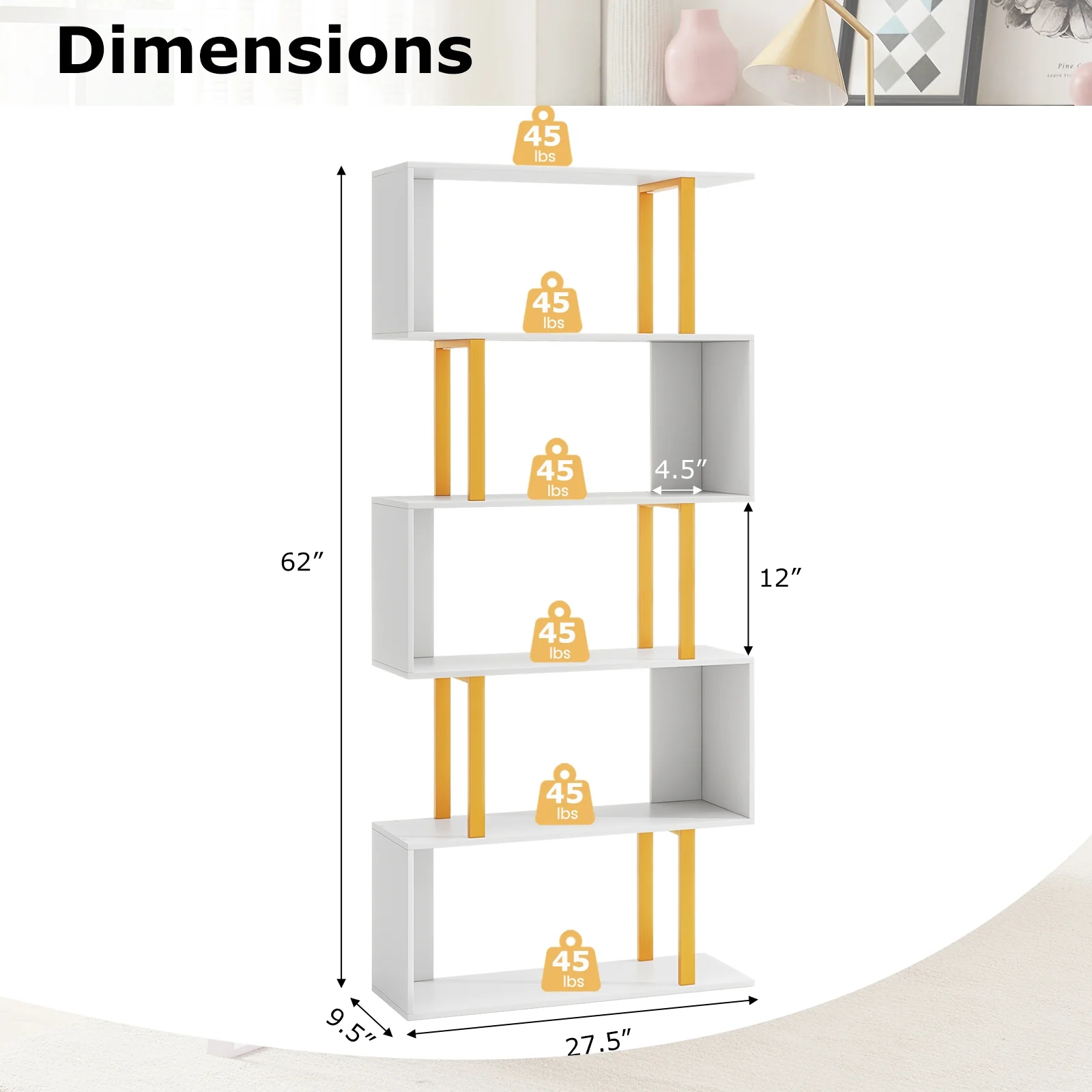 5-Tier Geometric Bookcase, Metal Frame, White - Image 6