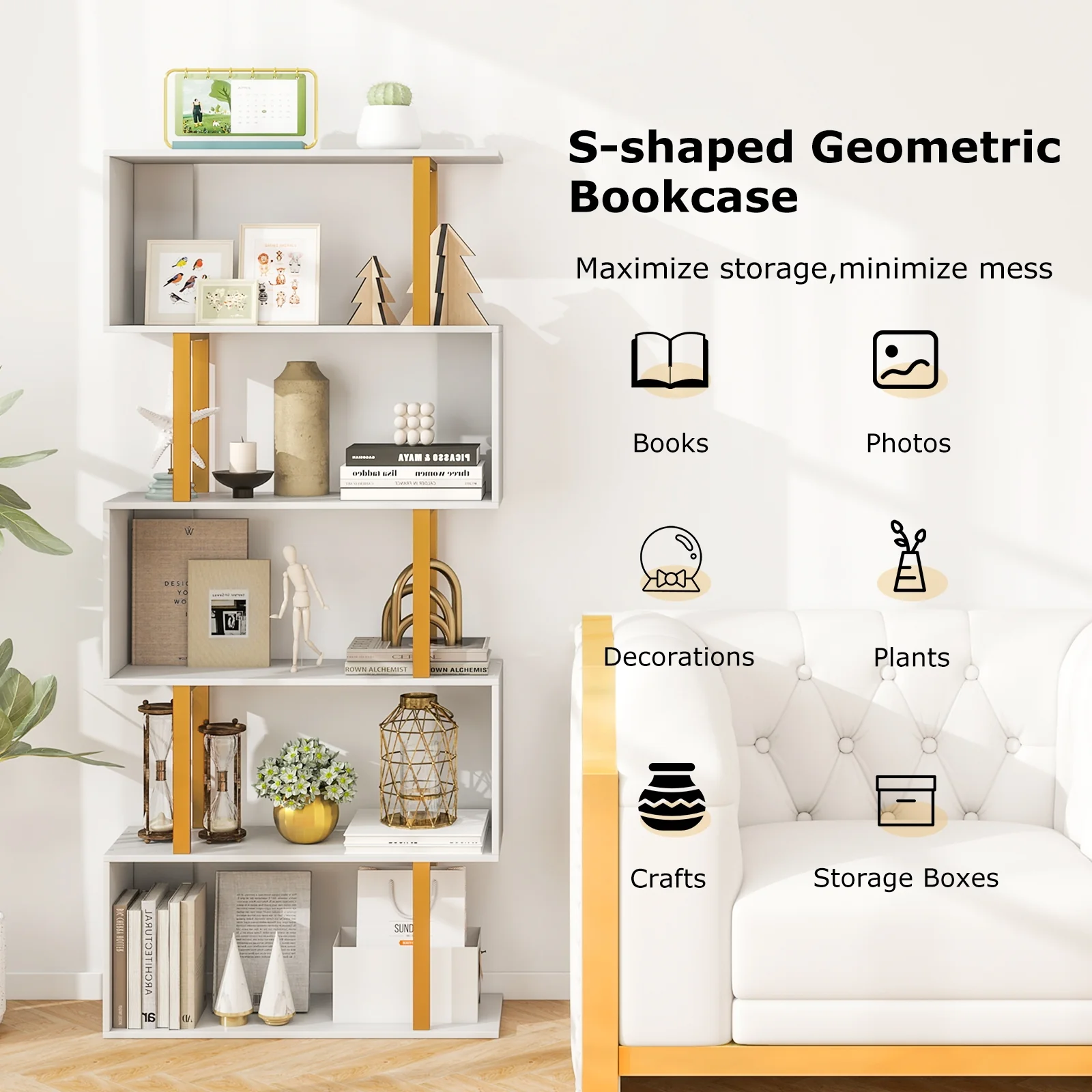 5-Tier Geometric Bookcase, Metal Frame, White - Image 7