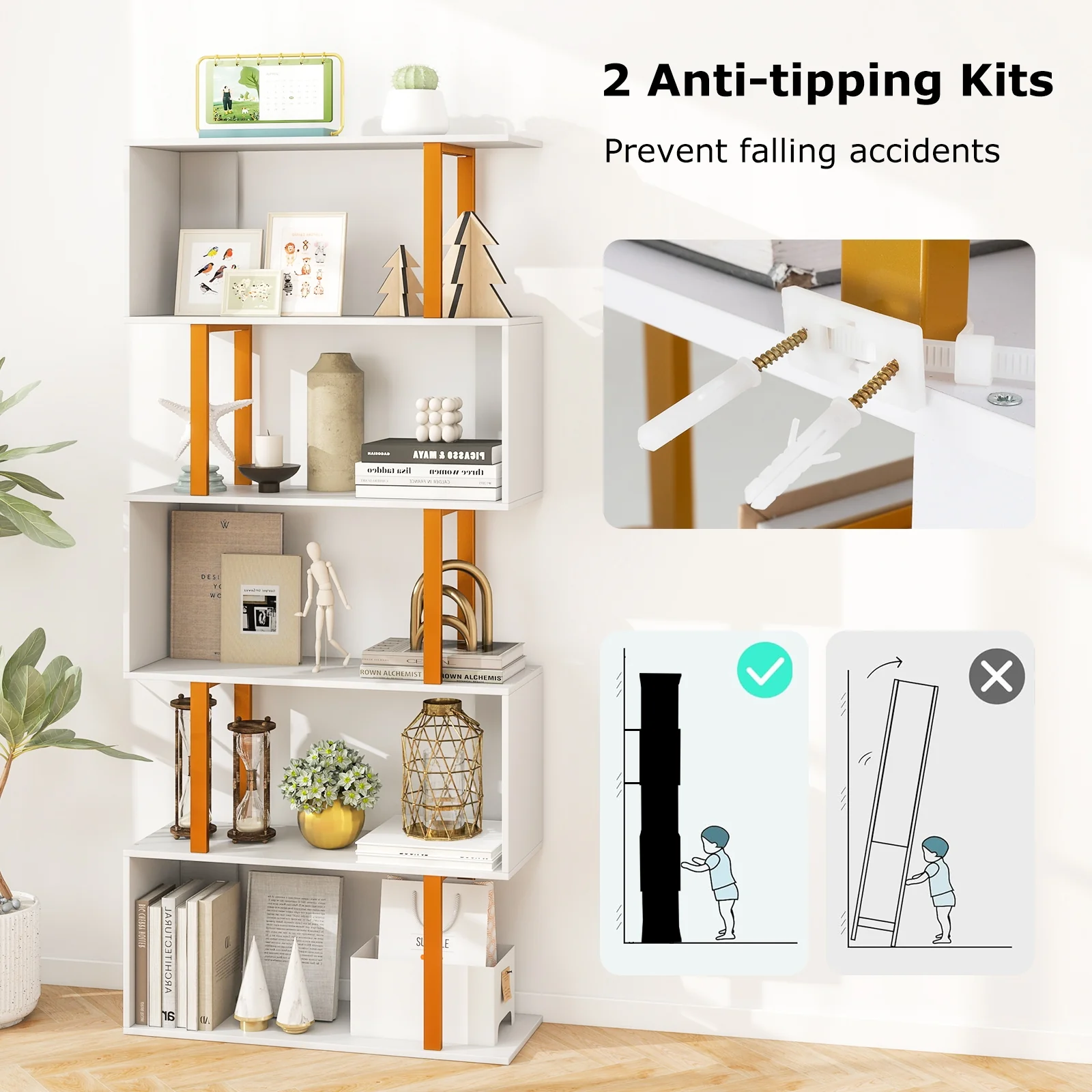 5-Tier Geometric Bookcase, Metal Frame, White - Image 8