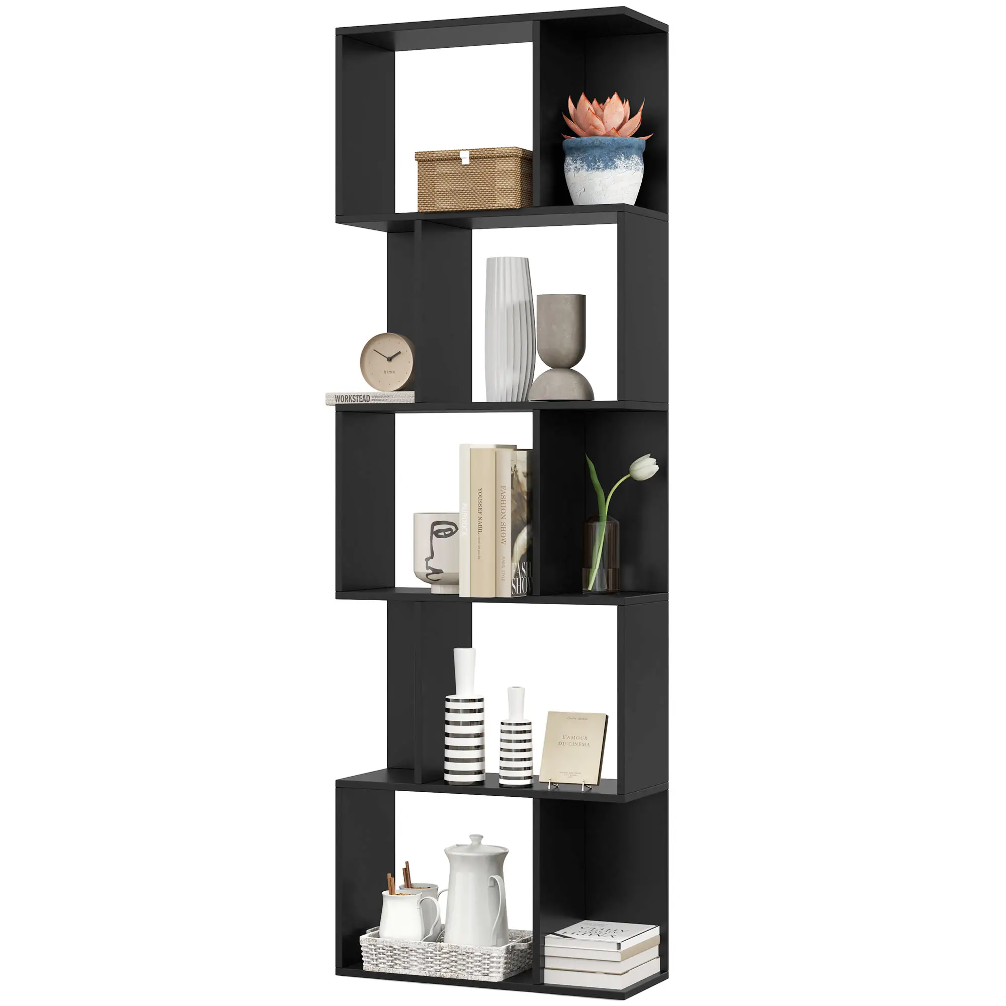 5-Tier Geometric Bookshelf, S Shaped Bookcase, Black