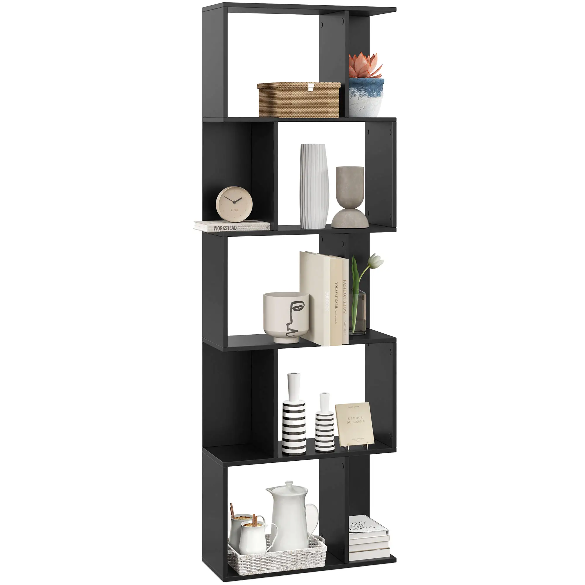 5-Tier Geometric Bookshelf, S Shaped Bookcase, Black - Image 11