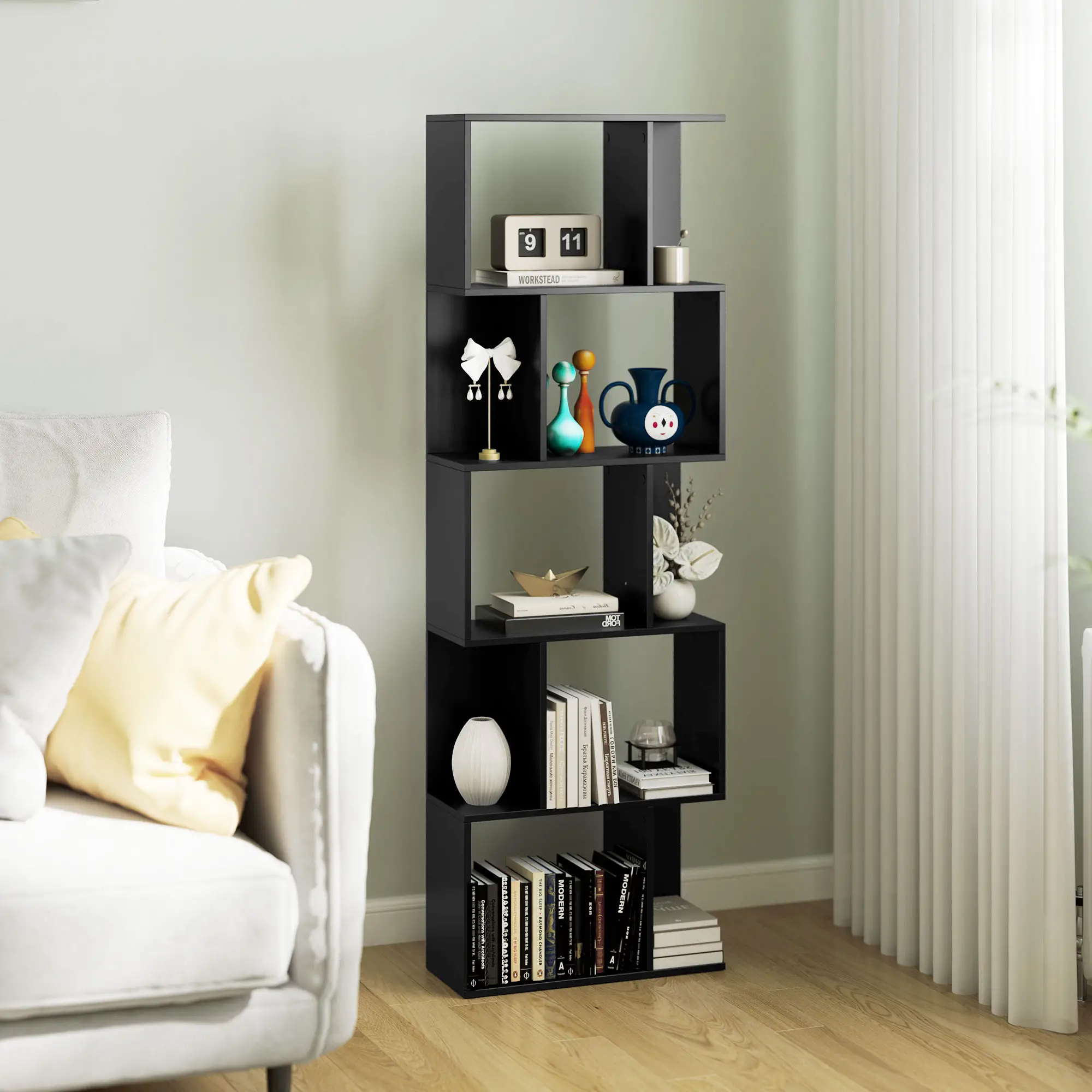 5-Tier Geometric Bookshelf, S Shaped Bookcase, Black - Image 2
