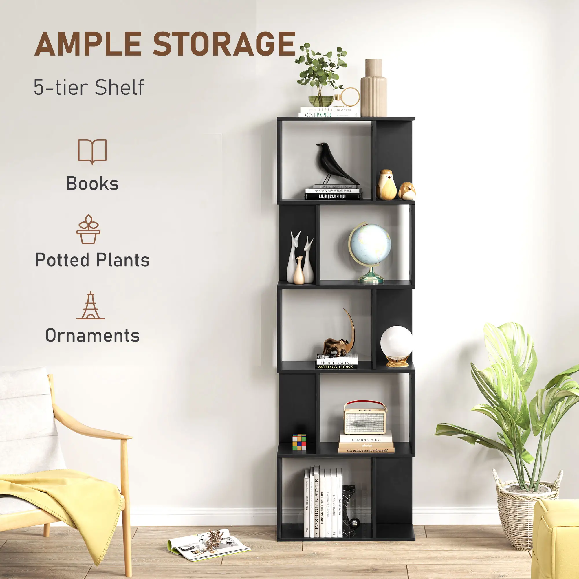 5-Tier Geometric Bookshelf, S Shaped Bookcase, Black - Image 4