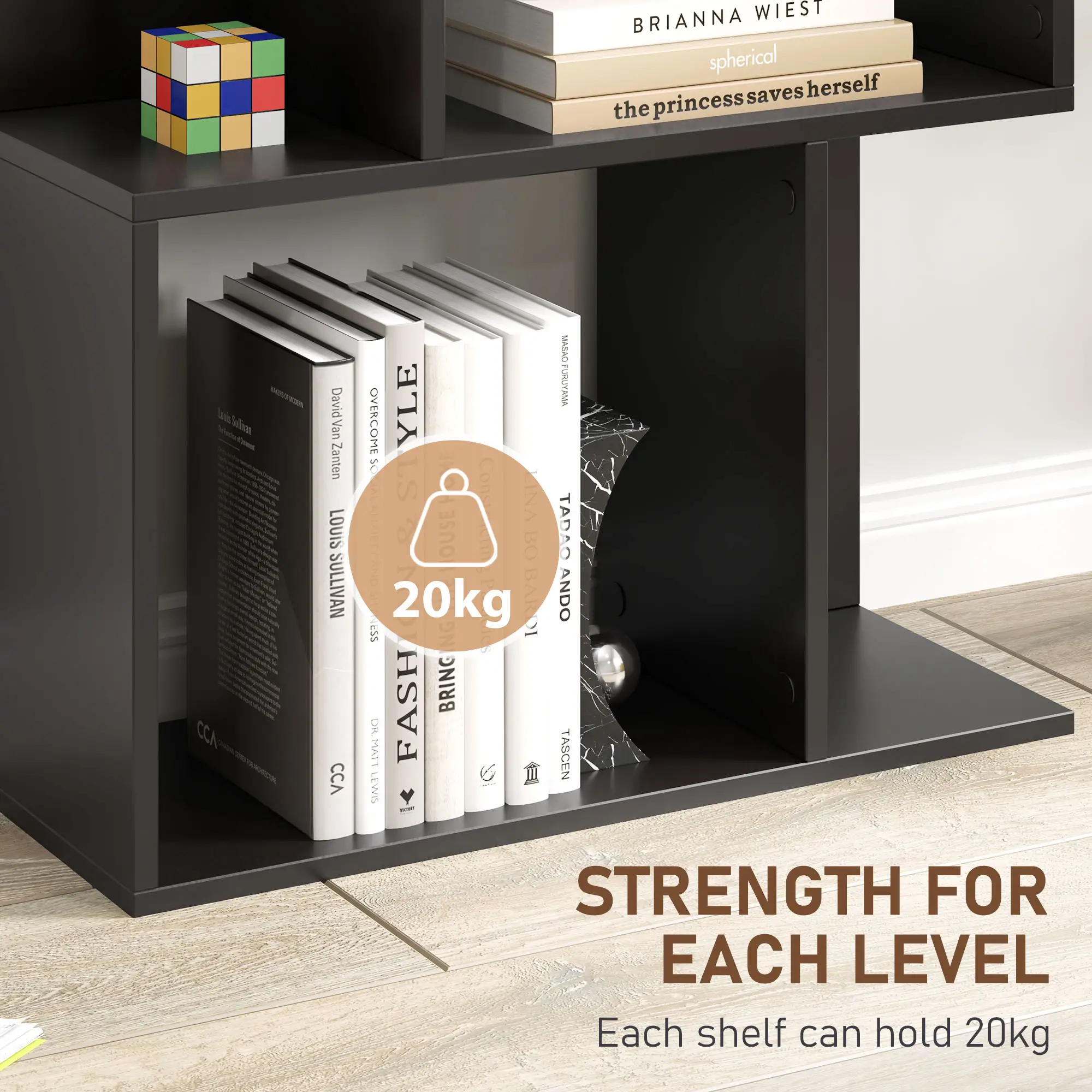 5-Tier Geometric Bookshelf, S Shaped Bookcase, Black - Image 5
