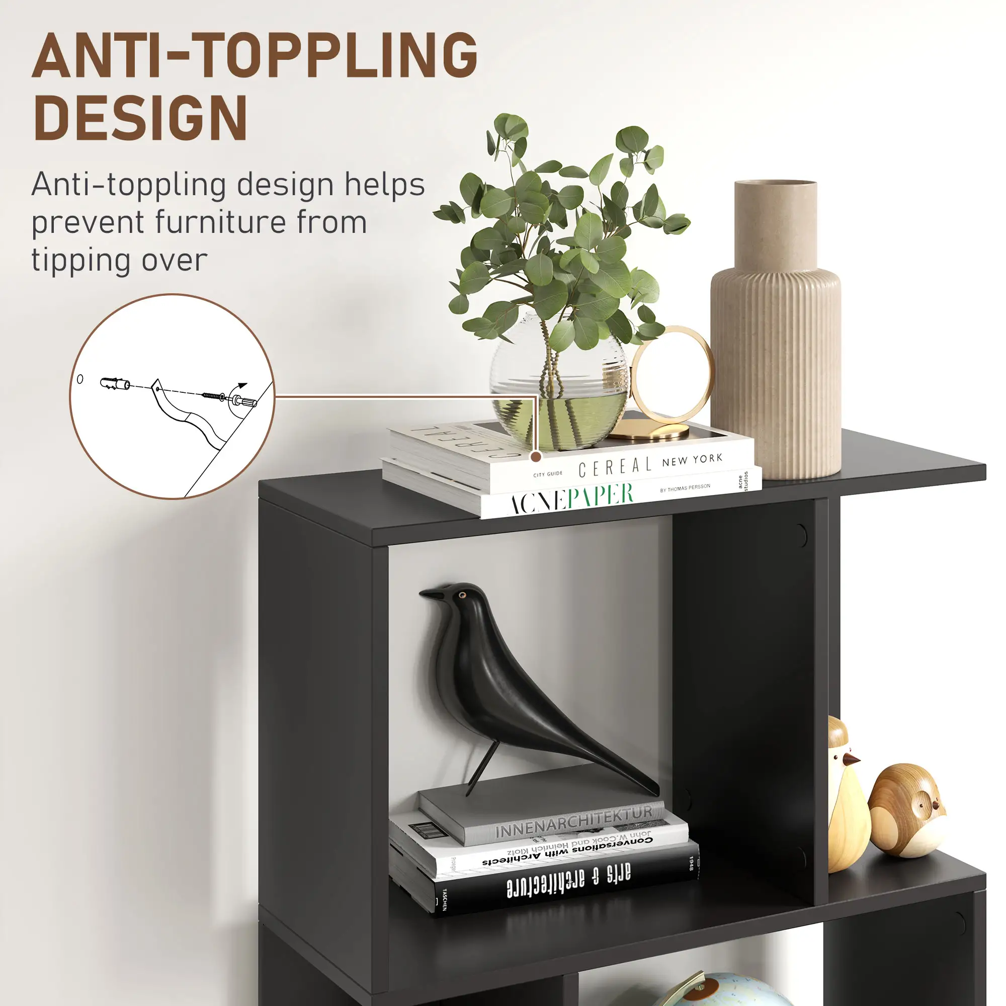 5-Tier Geometric Bookshelf, S Shaped Bookcase, Black - Image 6