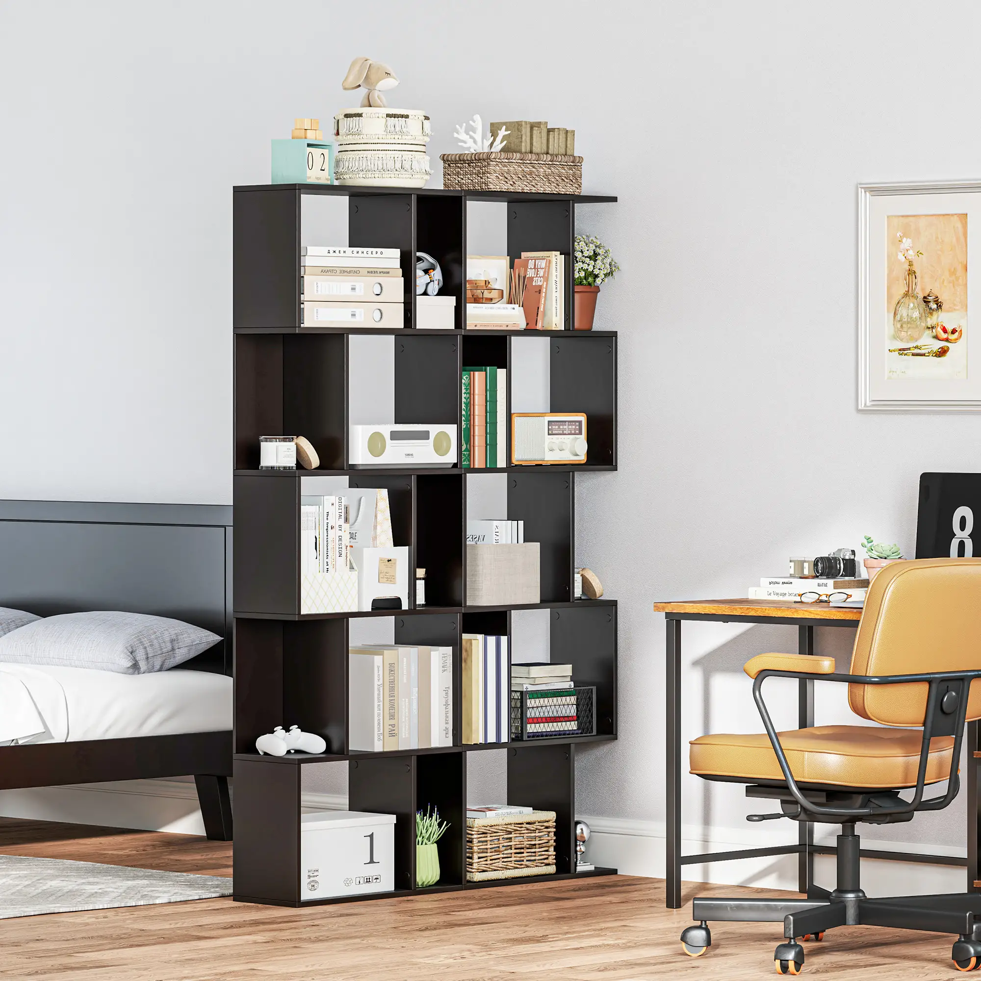 5-Tier Geometric Bookshelf, S Shaped Bookcase, Black - Image 7