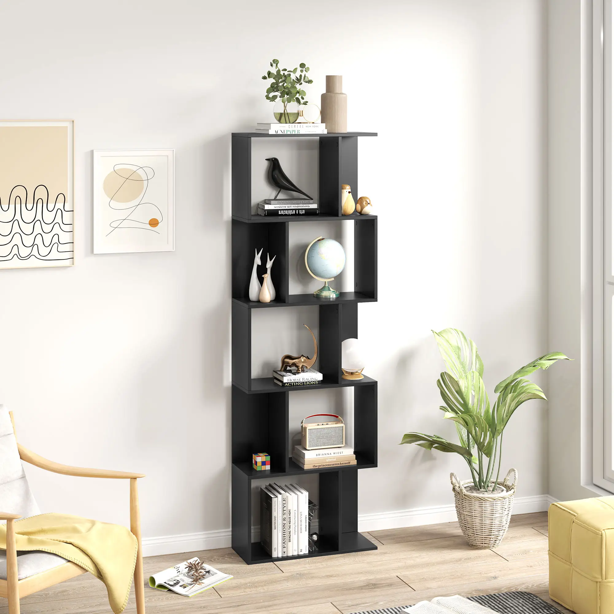 5-Tier Geometric Bookshelf, S Shaped Bookcase, Black - Image 8