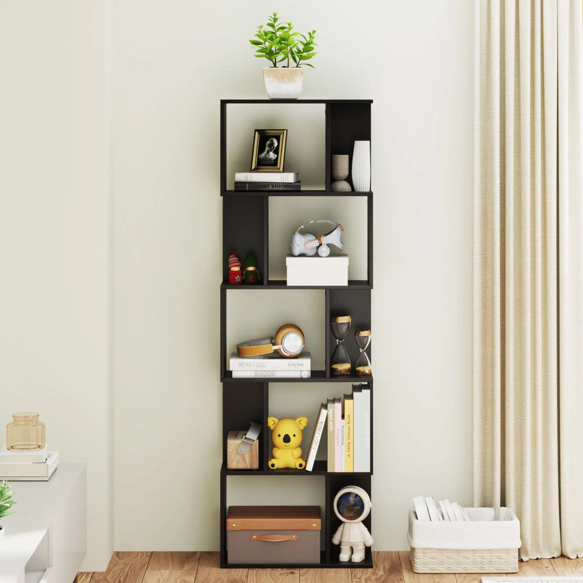 5-Tier Geometric Bookshelf, S Shaped Bookcase, Black - Image 9