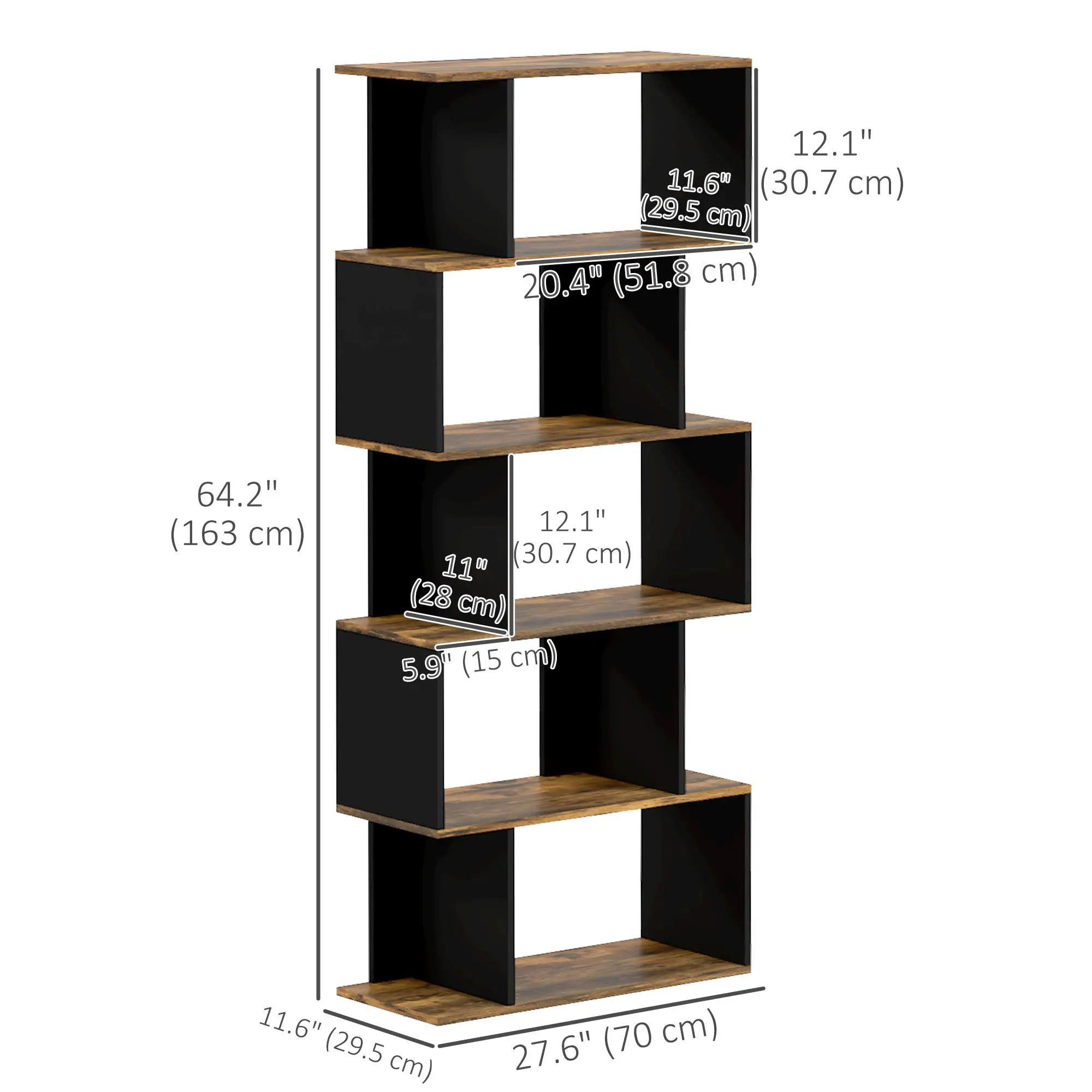 5 Tier Geometric S Shaped Bookcase, Tall Narrow Display Shelf, Rustic Brown - Image 3