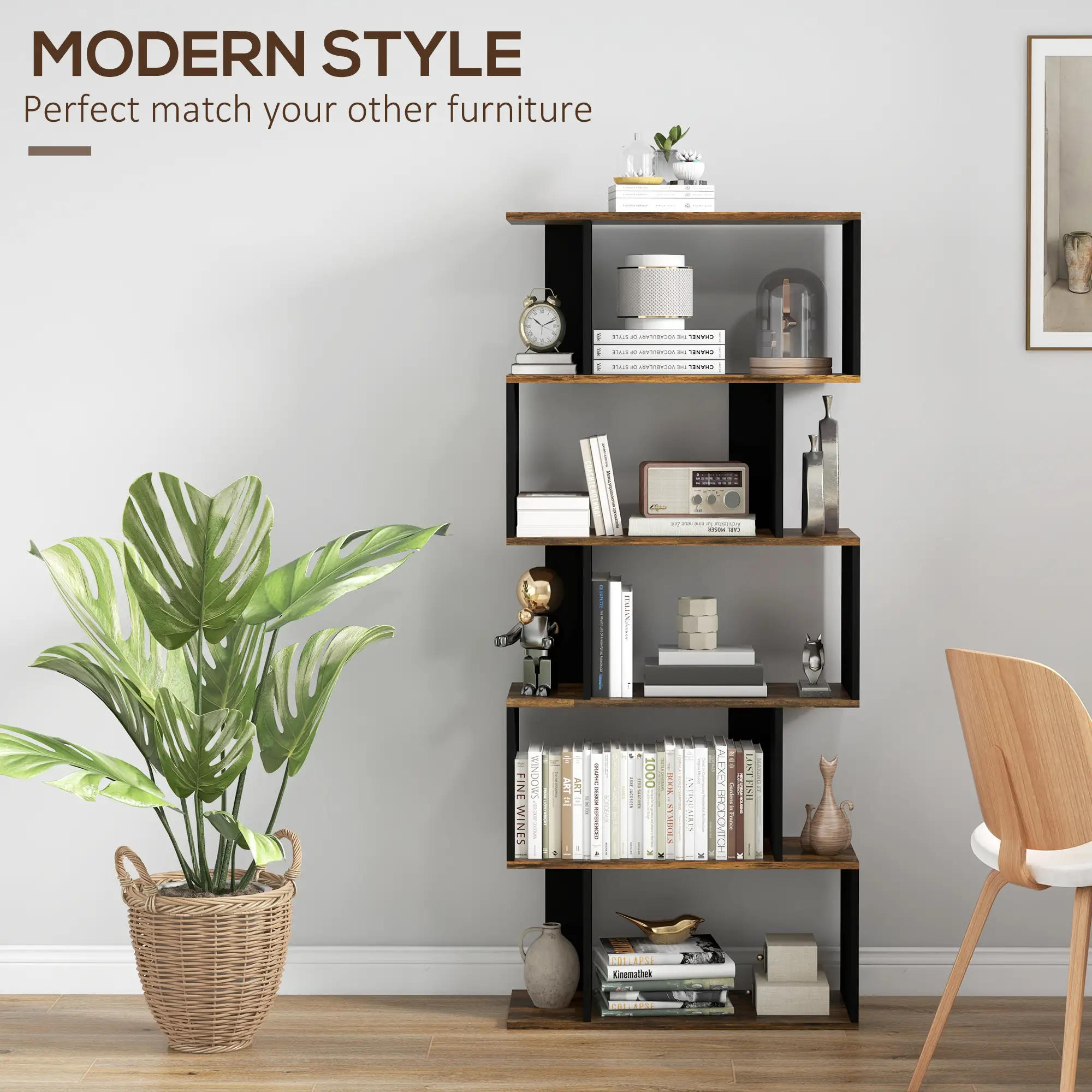 5 Tier Geometric S Shaped Bookcase, Tall Narrow Display Shelf, Rustic Brown - Image 5