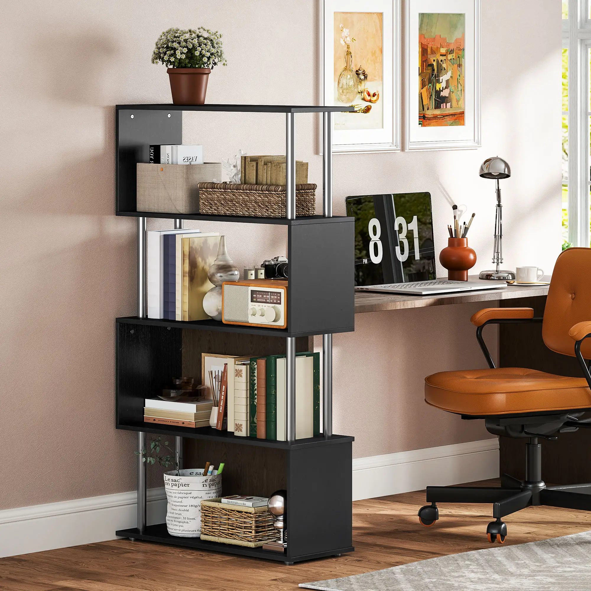 5-Tier Geometric Wooden Bookcase, S-Shaped Storage, Black - Image 10