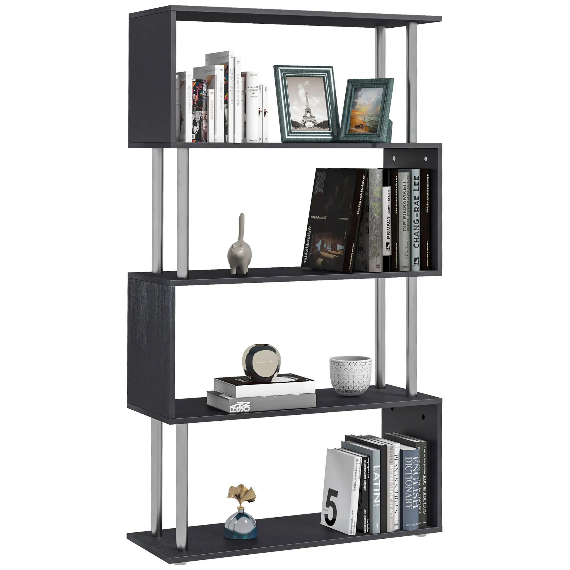5-Tier Geometric Wooden Bookcase, S-Shaped Storage, Black - Image 11