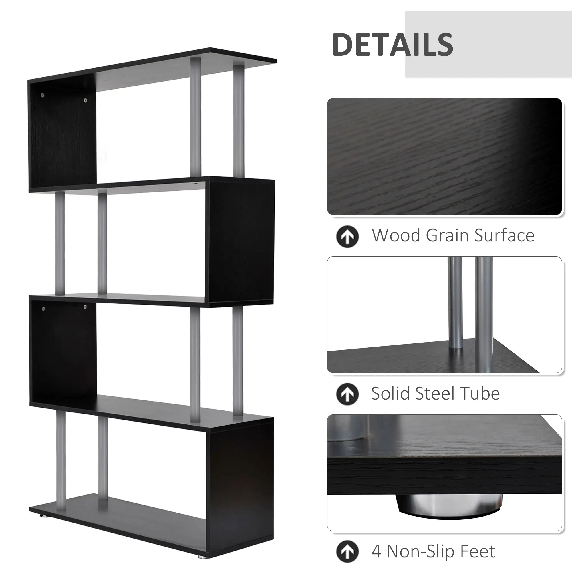 5-Tier Geometric Wooden Bookcase, S-Shaped Storage, Black - Image 6