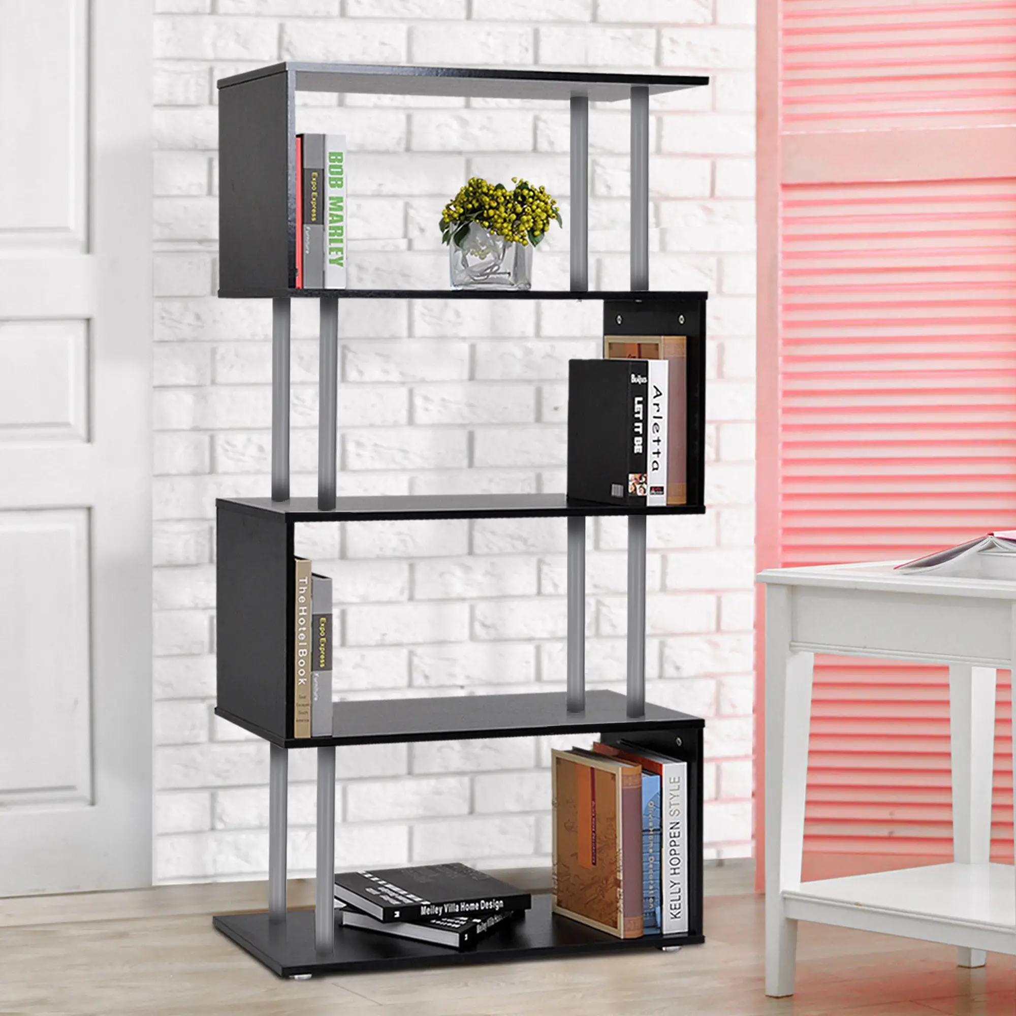 5-Tier Geometric Wooden Bookcase, S-Shaped Storage, Black - Image 8