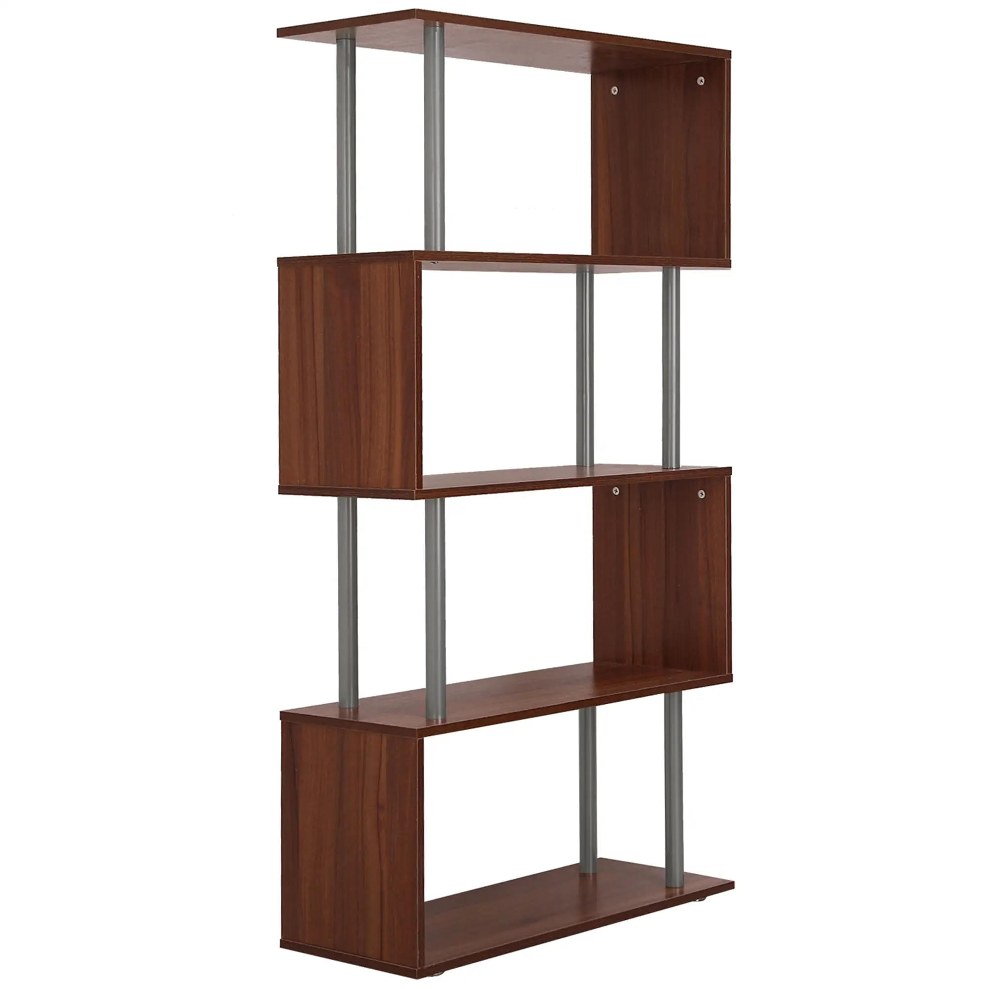 5-Tier Geometric Wooden Bookcase, S-Shaped Storage, Walnut