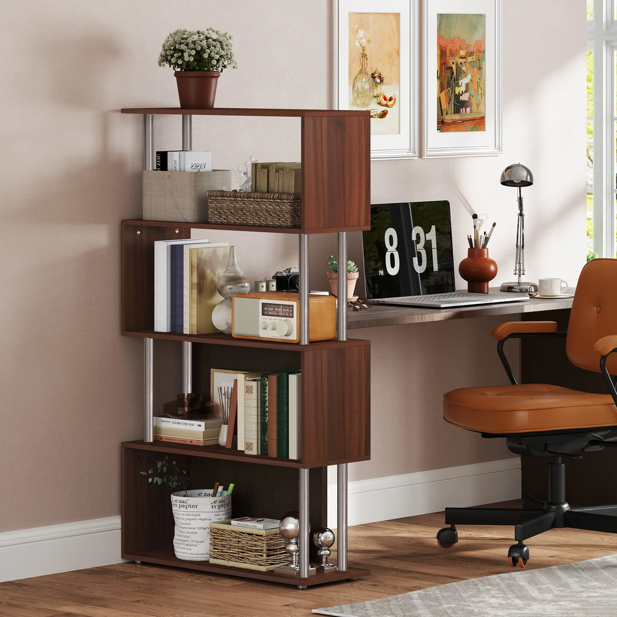 5-Tier Geometric Wooden Bookcase, S-Shaped Storage, Walnut - Image 10