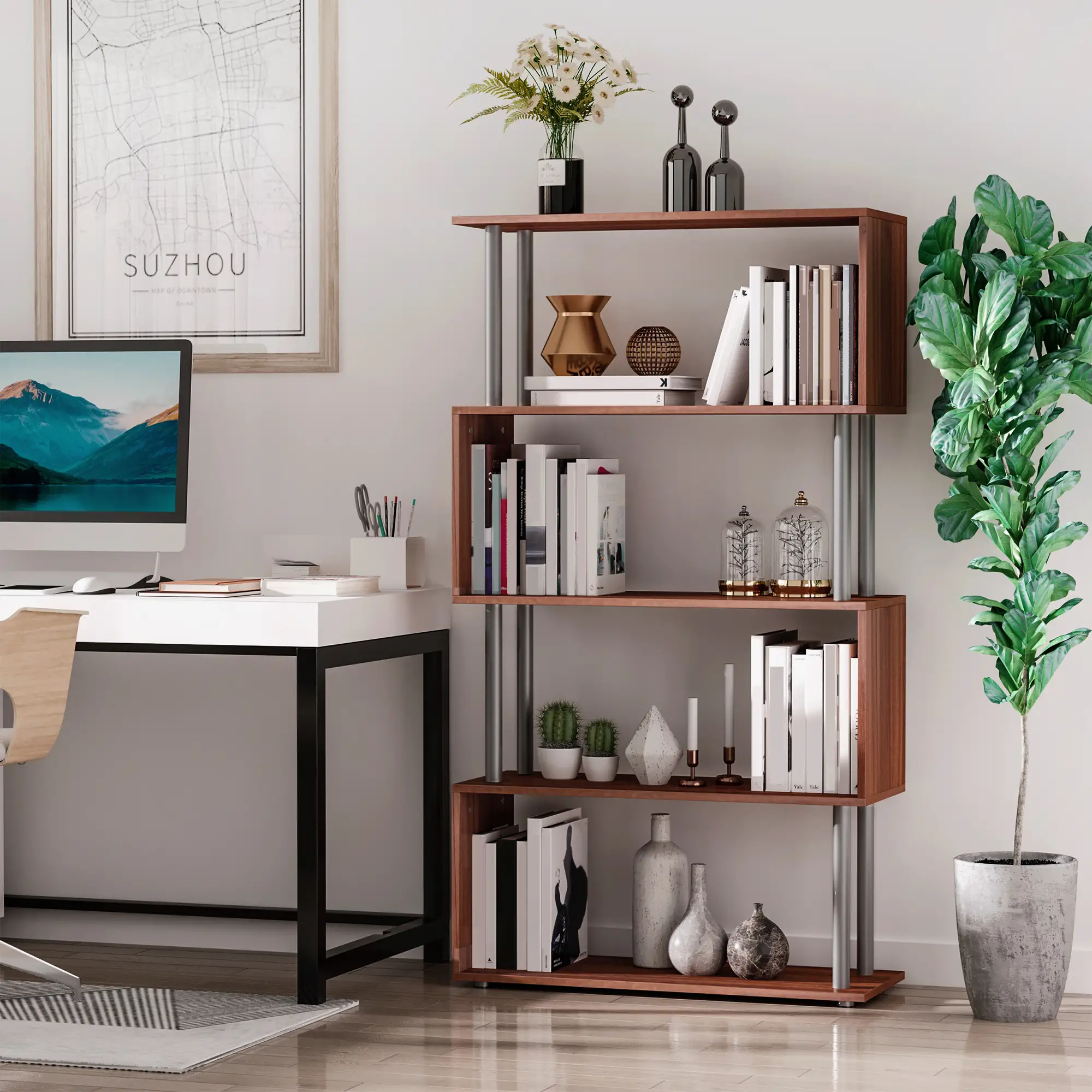 5-Tier Geometric Wooden Bookcase, S-Shaped Storage, Walnut - Image 2