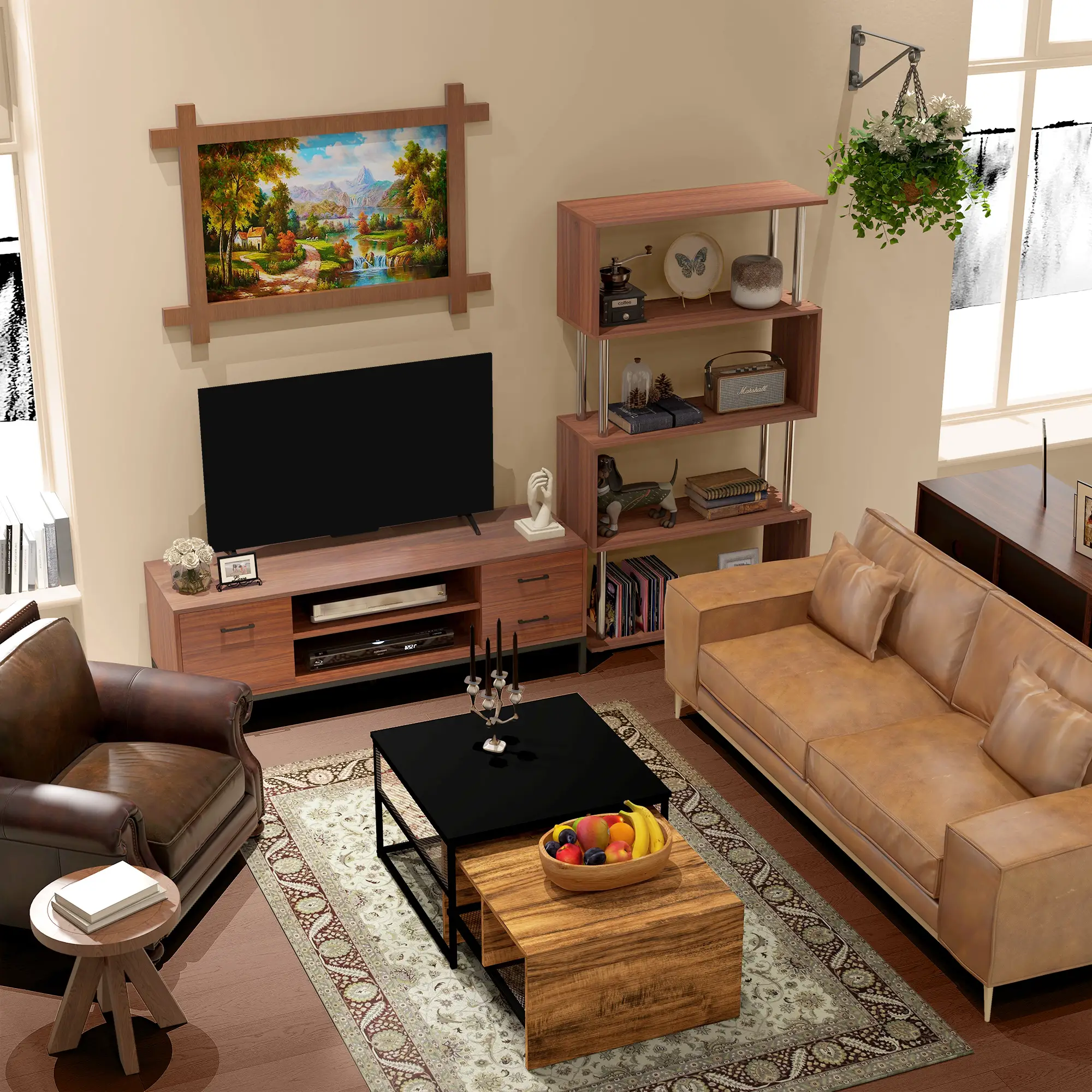 5-Tier Geometric Wooden Bookcase, S-Shaped Storage, Walnut - Image 4