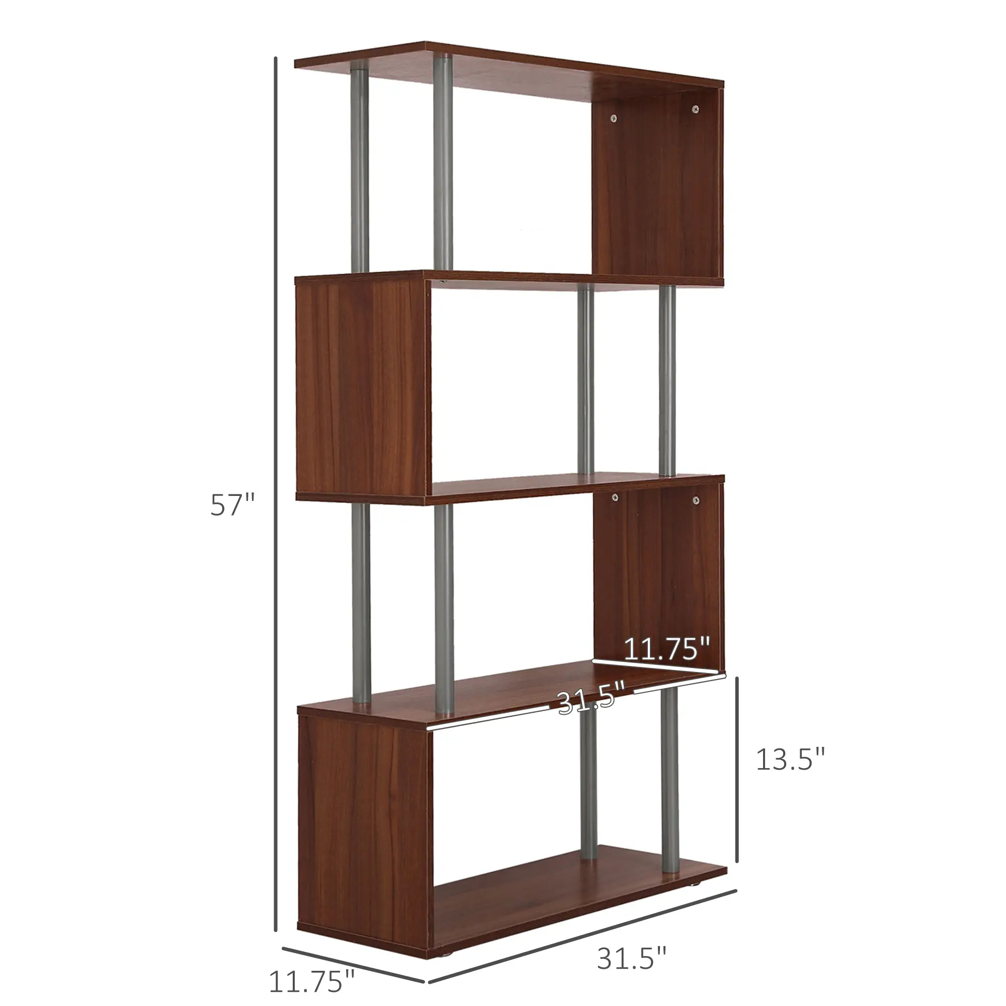 5-Tier Geometric Wooden Bookcase, S-Shaped Storage, Walnut - Image 5