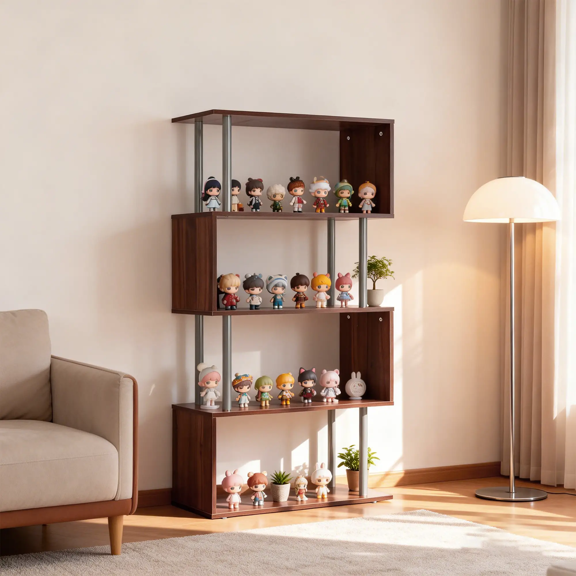 5-Tier Geometric Wooden Bookcase, S-Shaped Storage, Walnut - Image 6