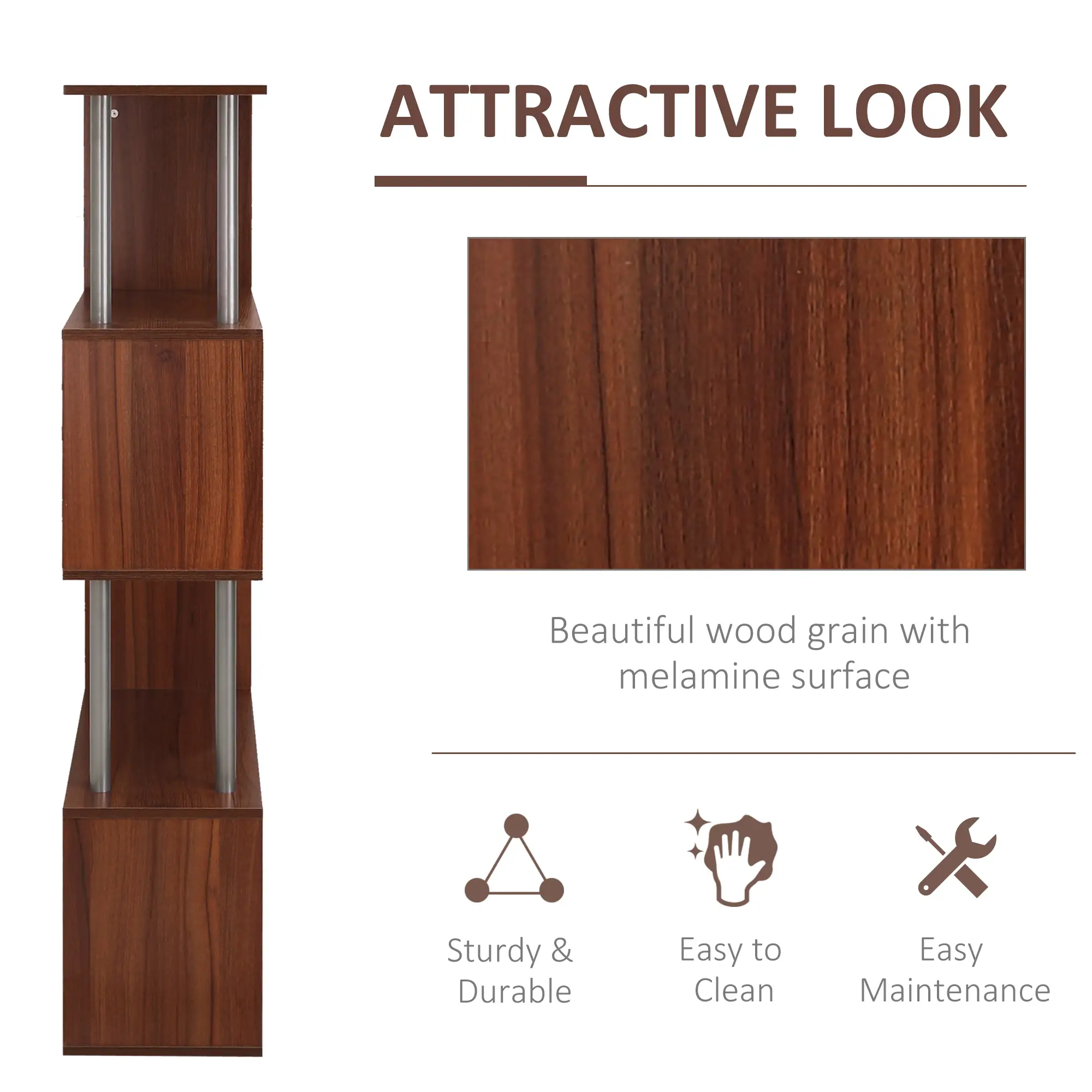 5-Tier Geometric Wooden Bookcase, S-Shaped Storage, Walnut - Image 7