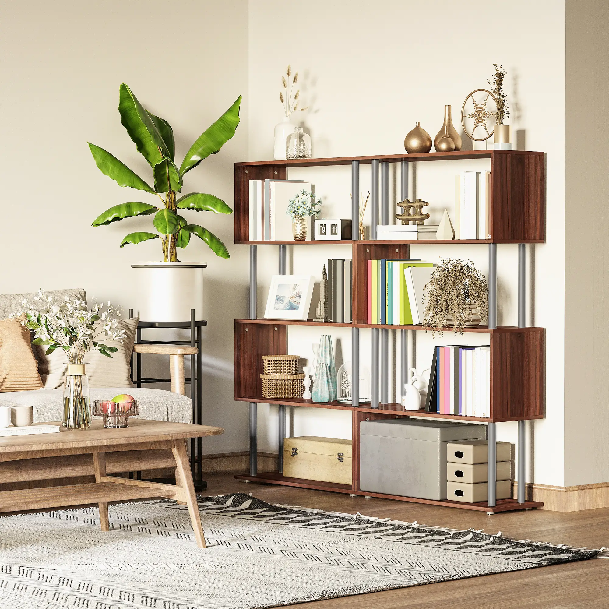 5-Tier Geometric Wooden Bookcase, S-Shaped Storage, Walnut - Image 8