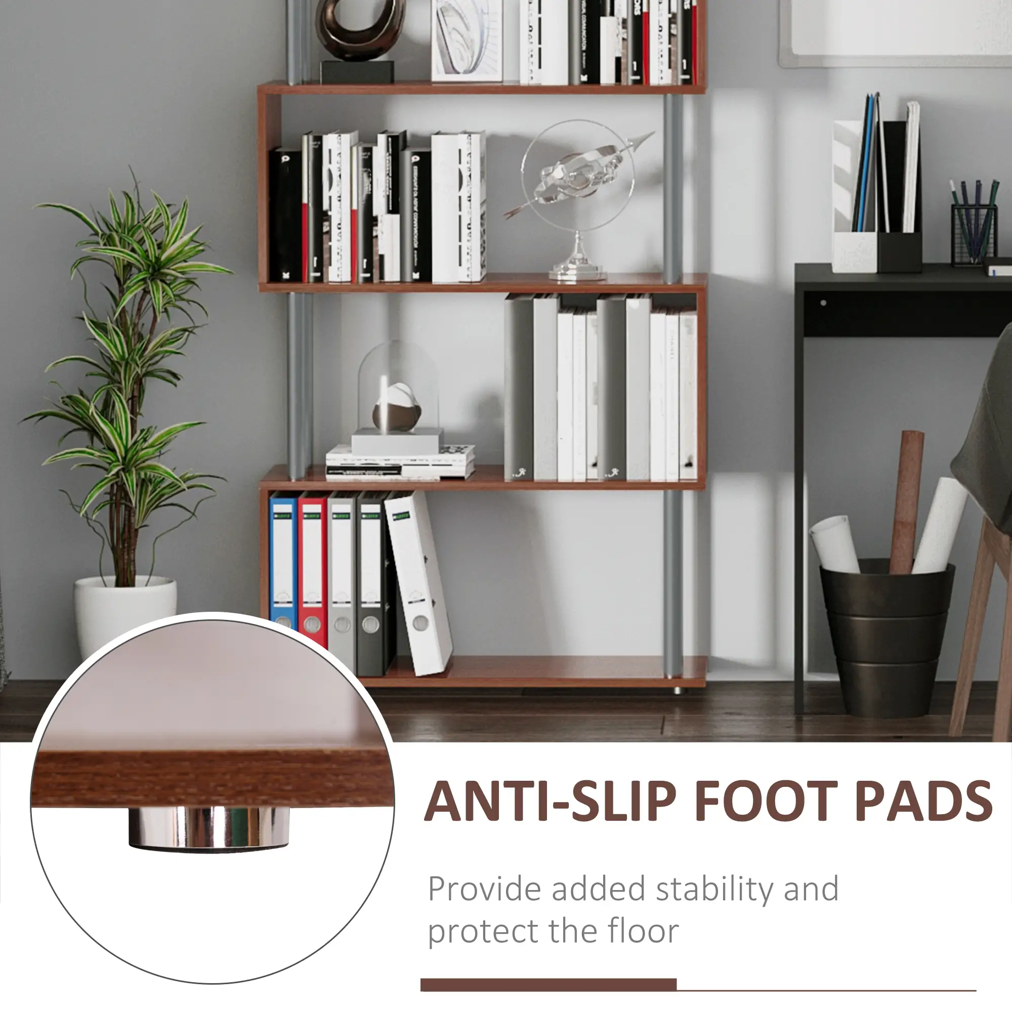 5-Tier Geometric Wooden Bookcase, S-Shaped Storage, Walnut - Image 9