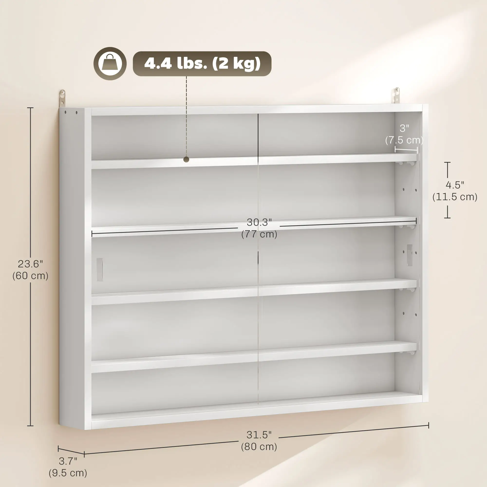 5-Tier Glass Display Cabinet, 2 Doors, 4 Adjustable Shelves, White - Image 3