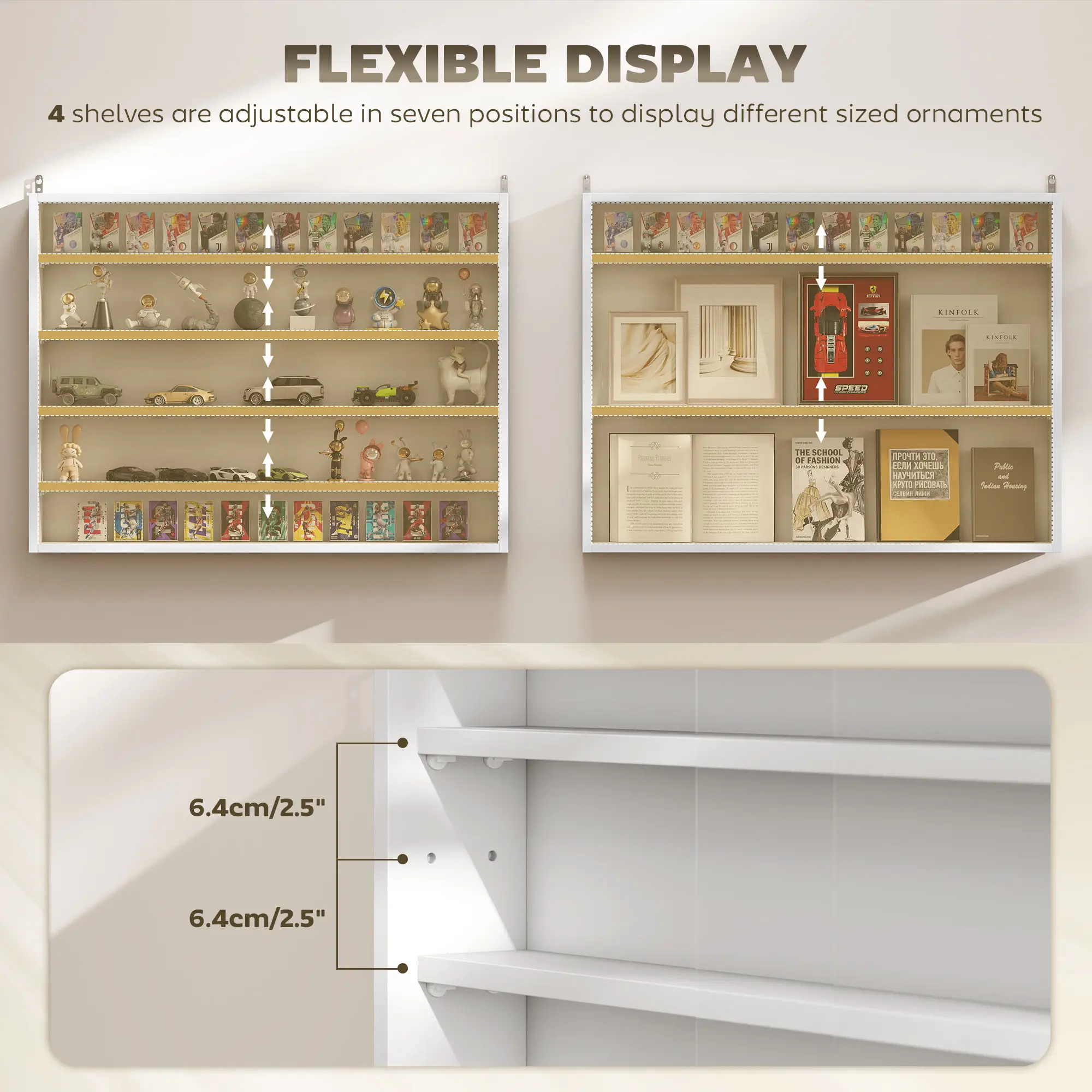 5-Tier Glass Display Cabinet, 2 Doors, 4 Adjustable Shelves, White - Image 4