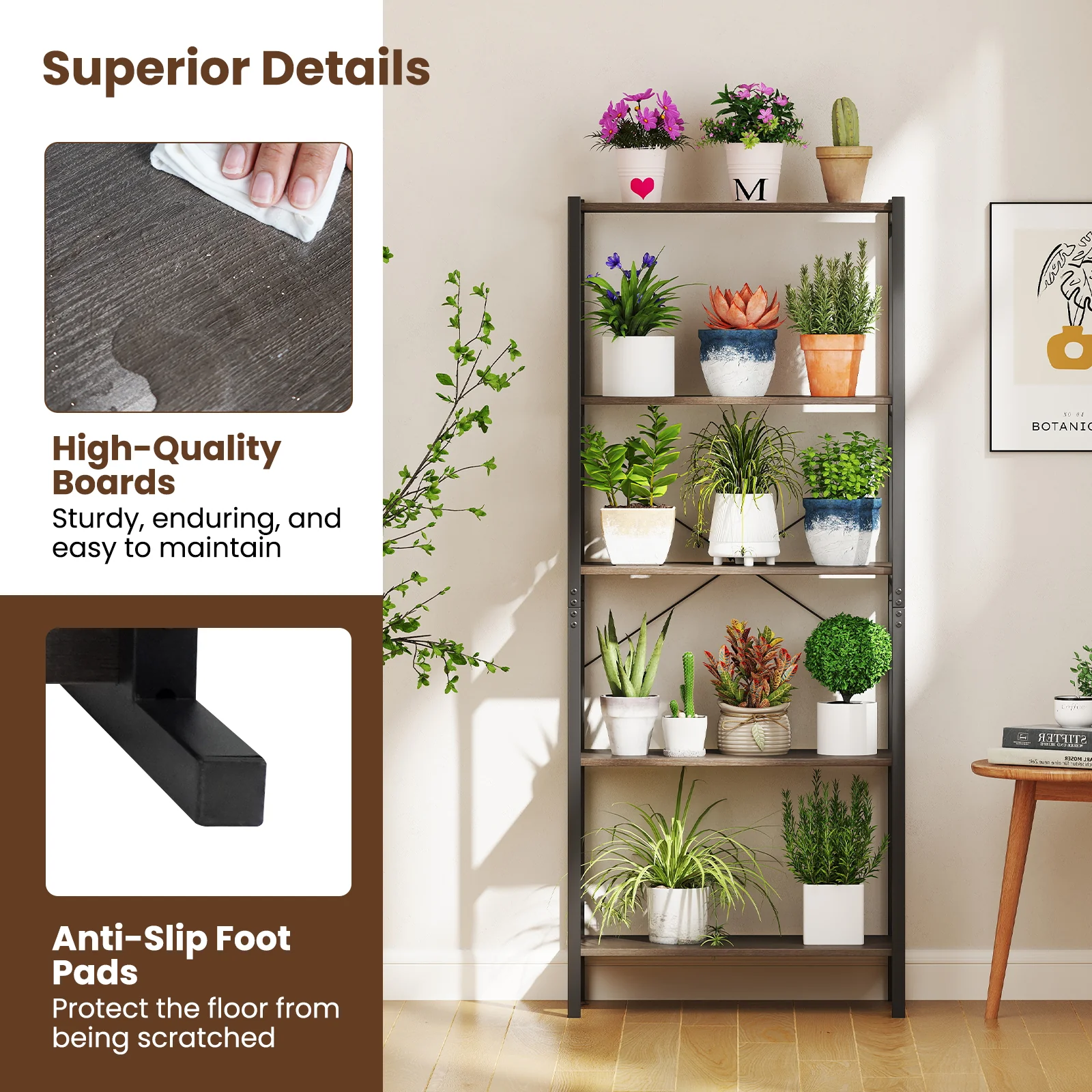 5-Tier Industrial Bookshelf, Metal Frame, Gray - Image 10