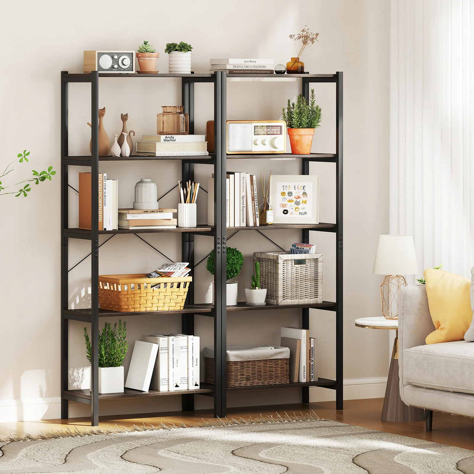 5-Tier Industrial Bookshelf, Metal Frame, Gray - Image 2