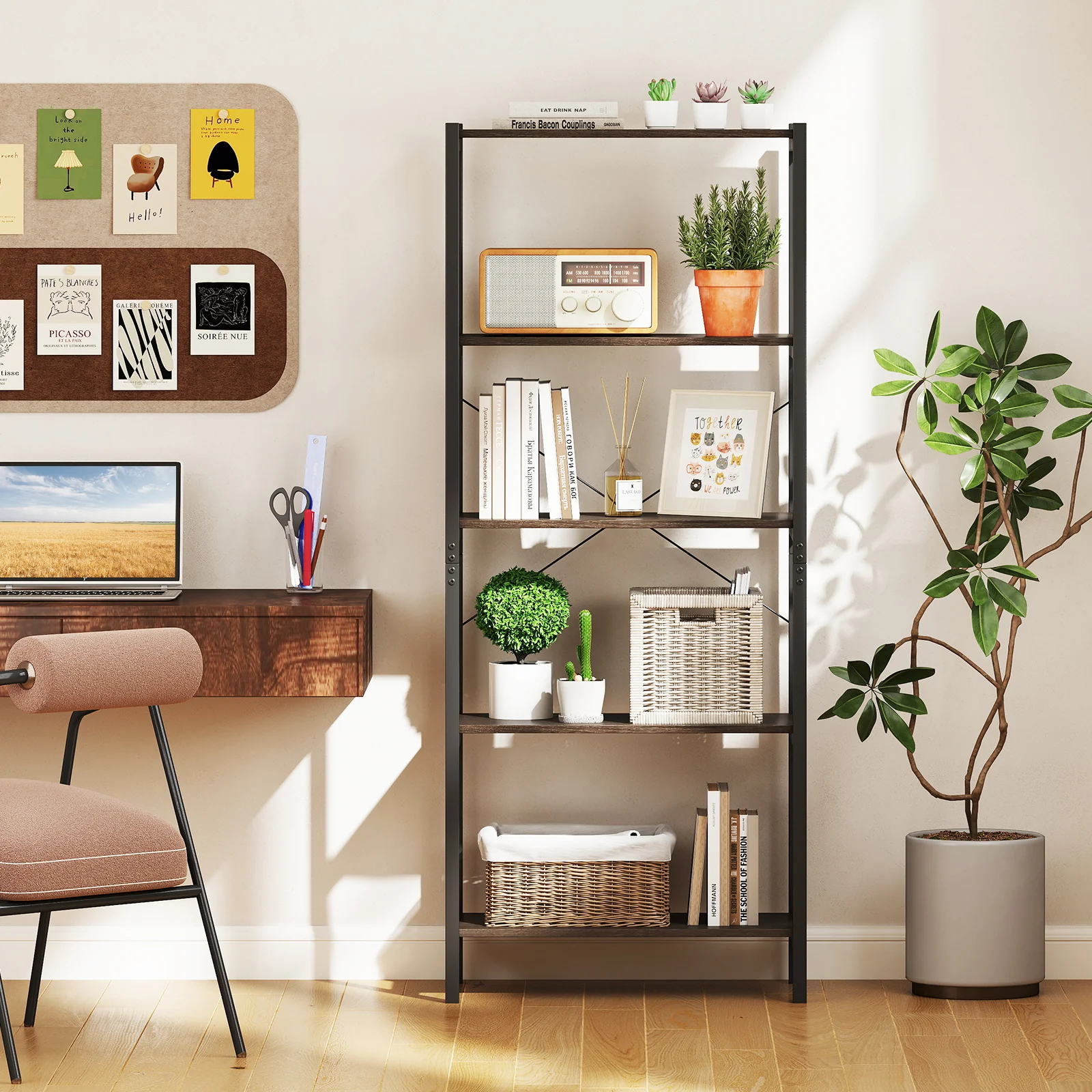 5-Tier Industrial Bookshelf, Metal Frame, Gray - Image 3