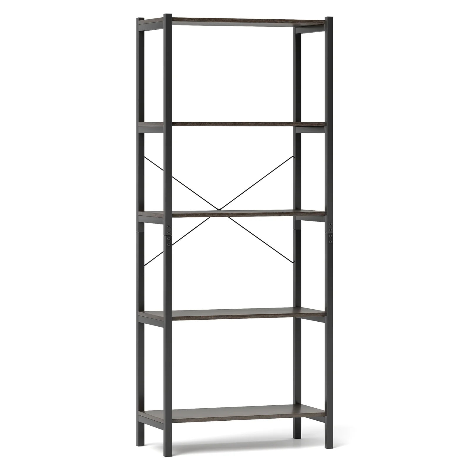 5-Tier Industrial Bookshelf, Metal Frame, Gray - Image 4