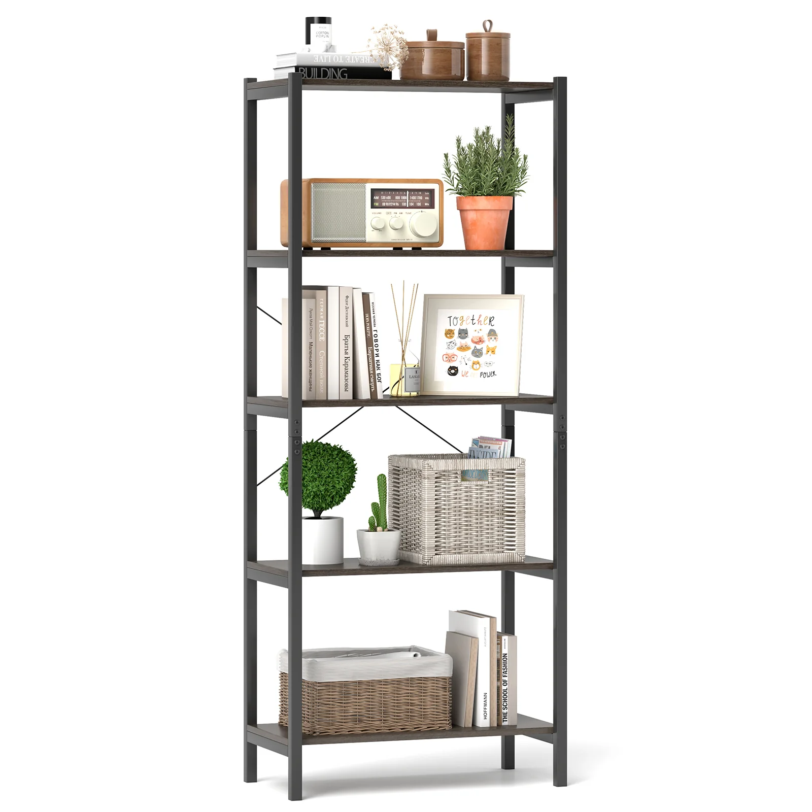 5-Tier Industrial Bookshelf, Metal Frame, Gray - Image 5
