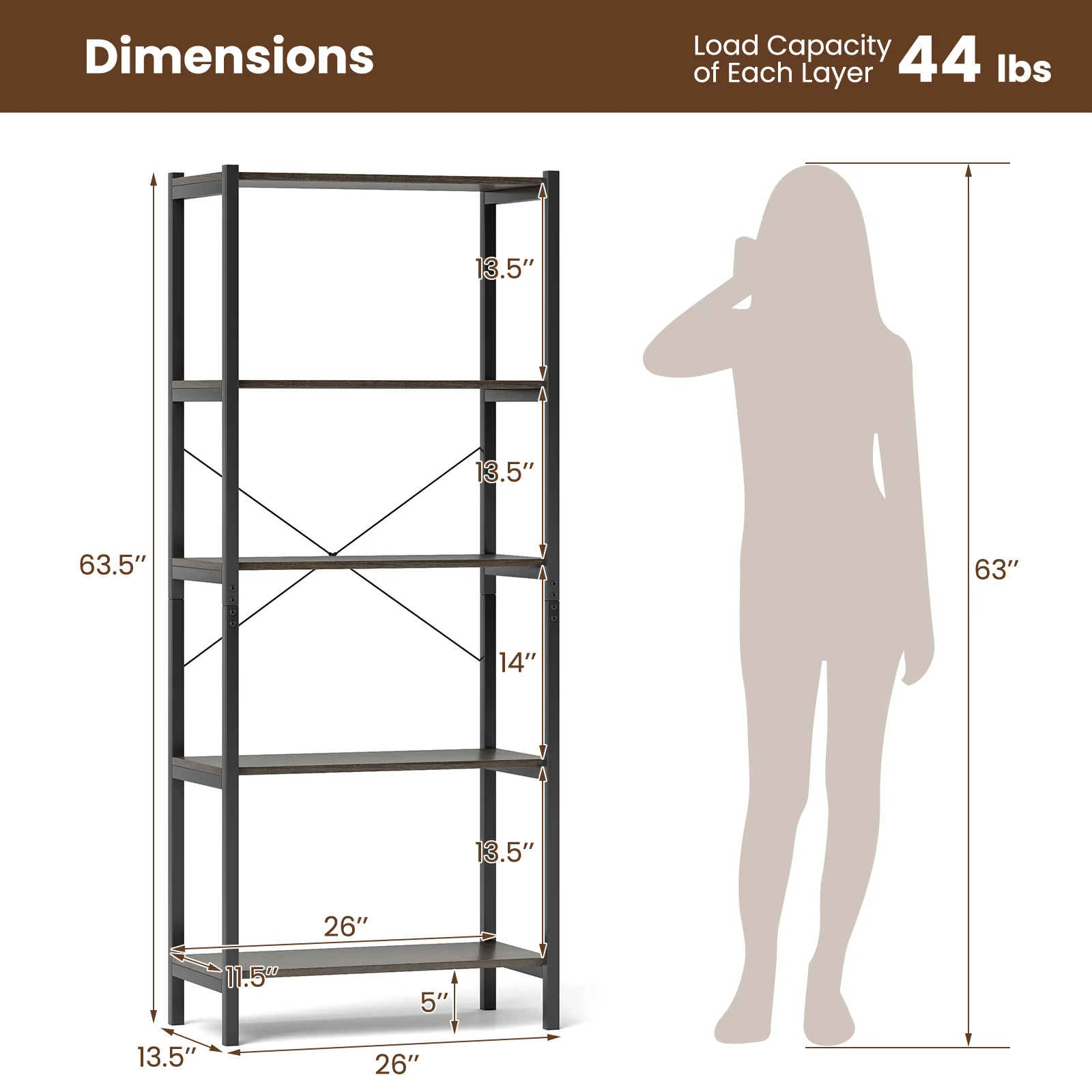 5-Tier Industrial Bookshelf, Metal Frame, Gray - Image 6
