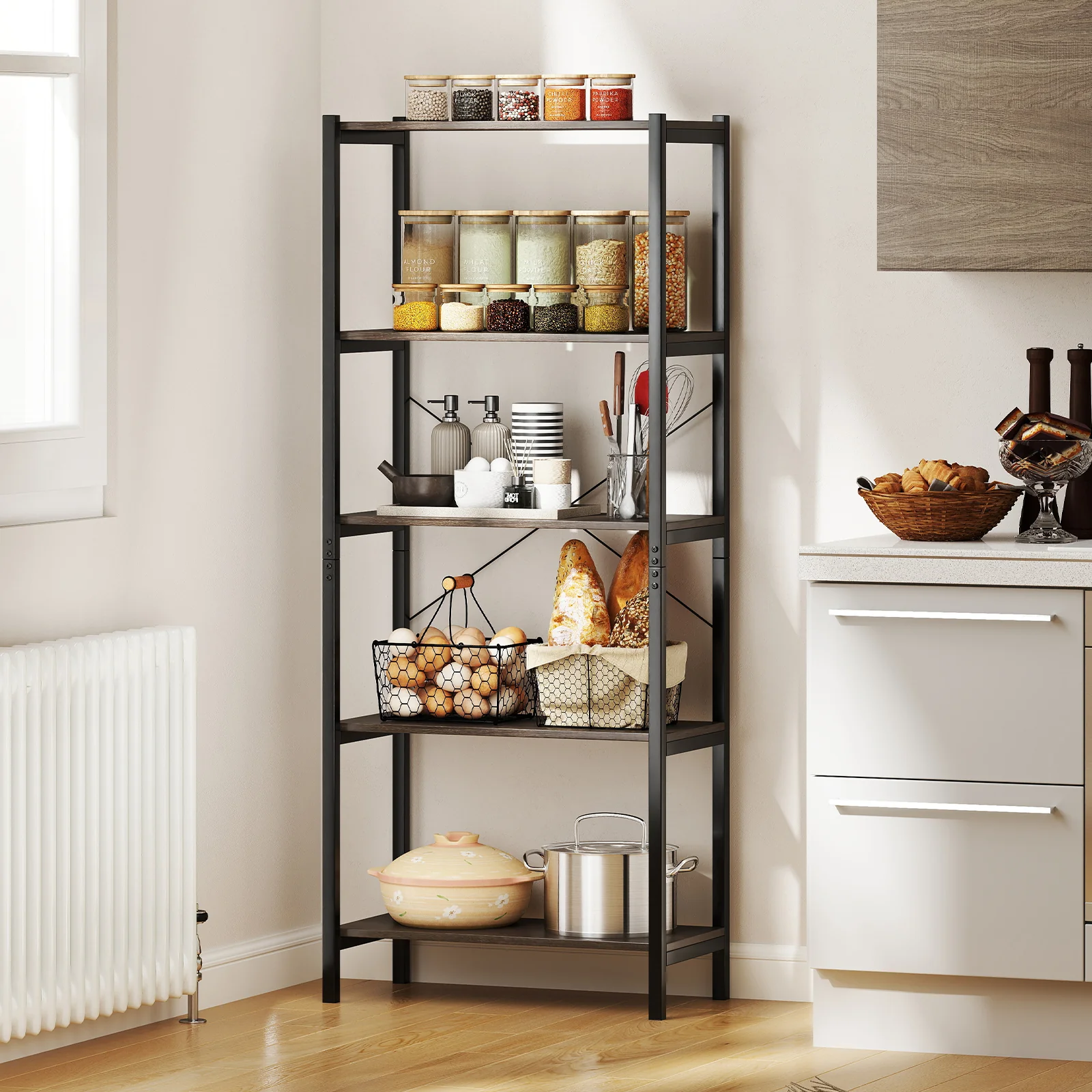 5-Tier Industrial Bookshelf, Metal Frame, Gray - Image 7