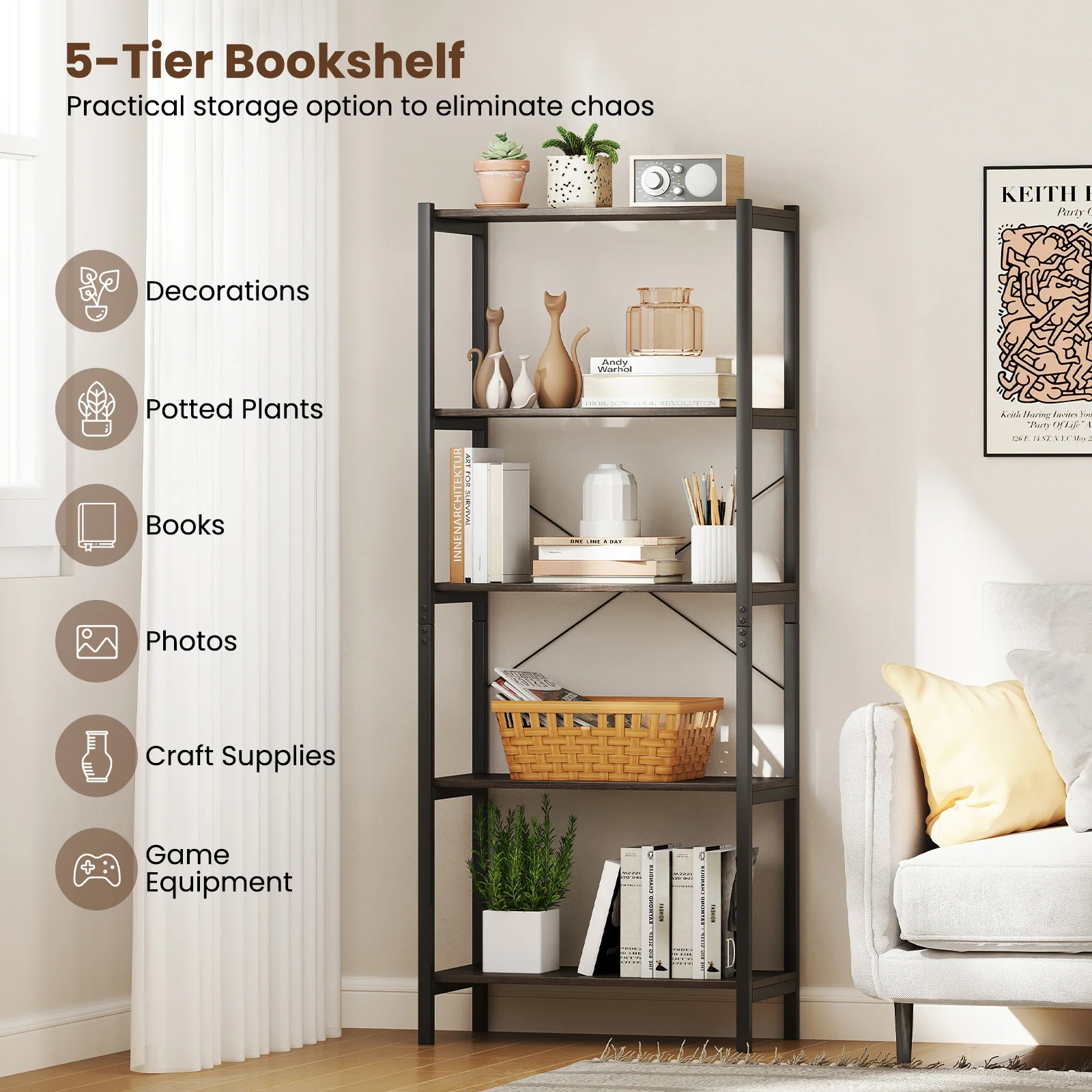 5-Tier Industrial Bookshelf, Metal Frame, Gray - Image 8