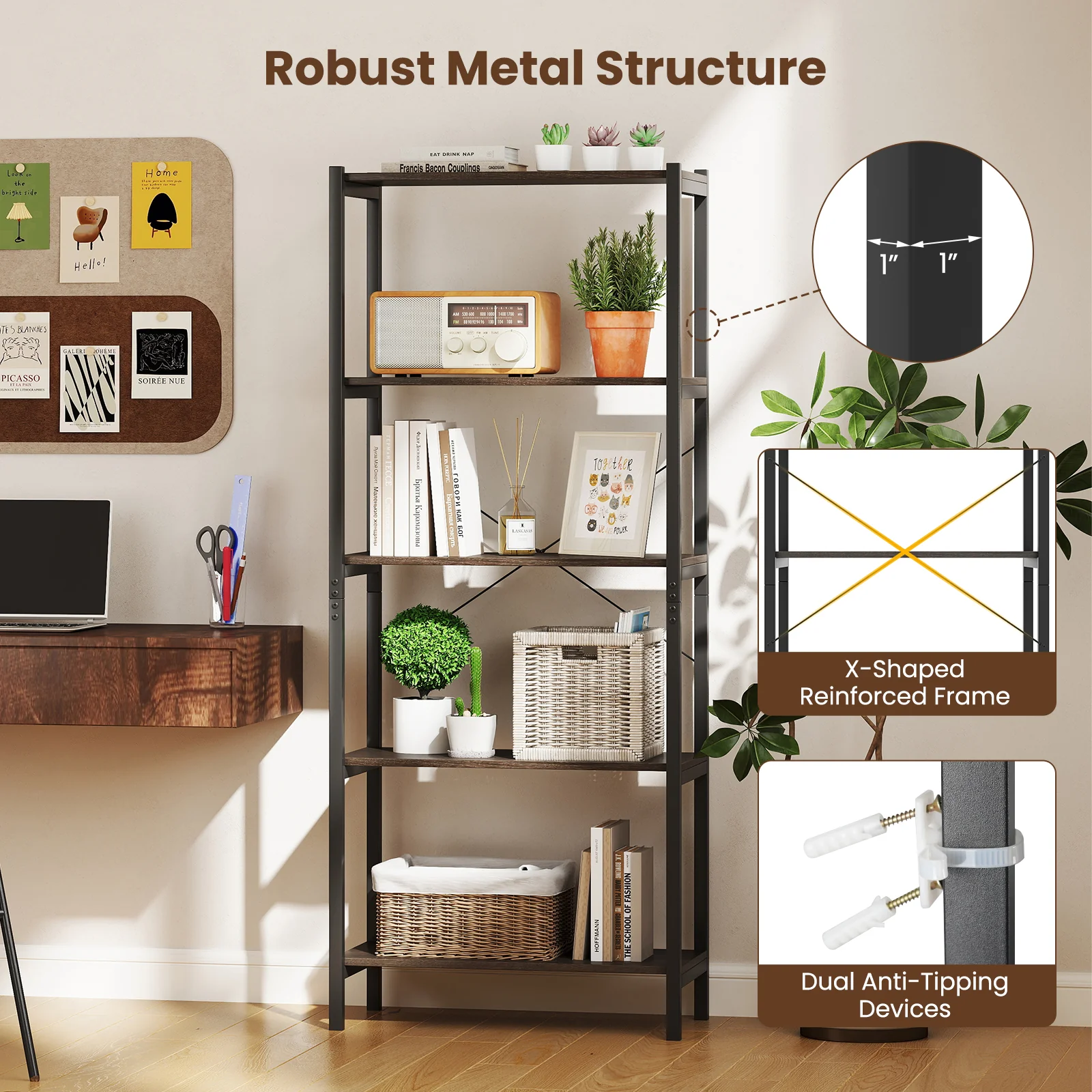 5-Tier Industrial Bookshelf, Metal Frame, Gray - Image 9
