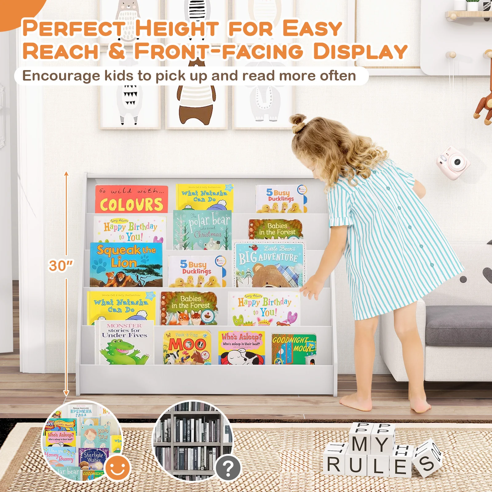 5-Tier Kids Bookshelf, Deep Compartments, Stable Baby Book Case, White - Image 10