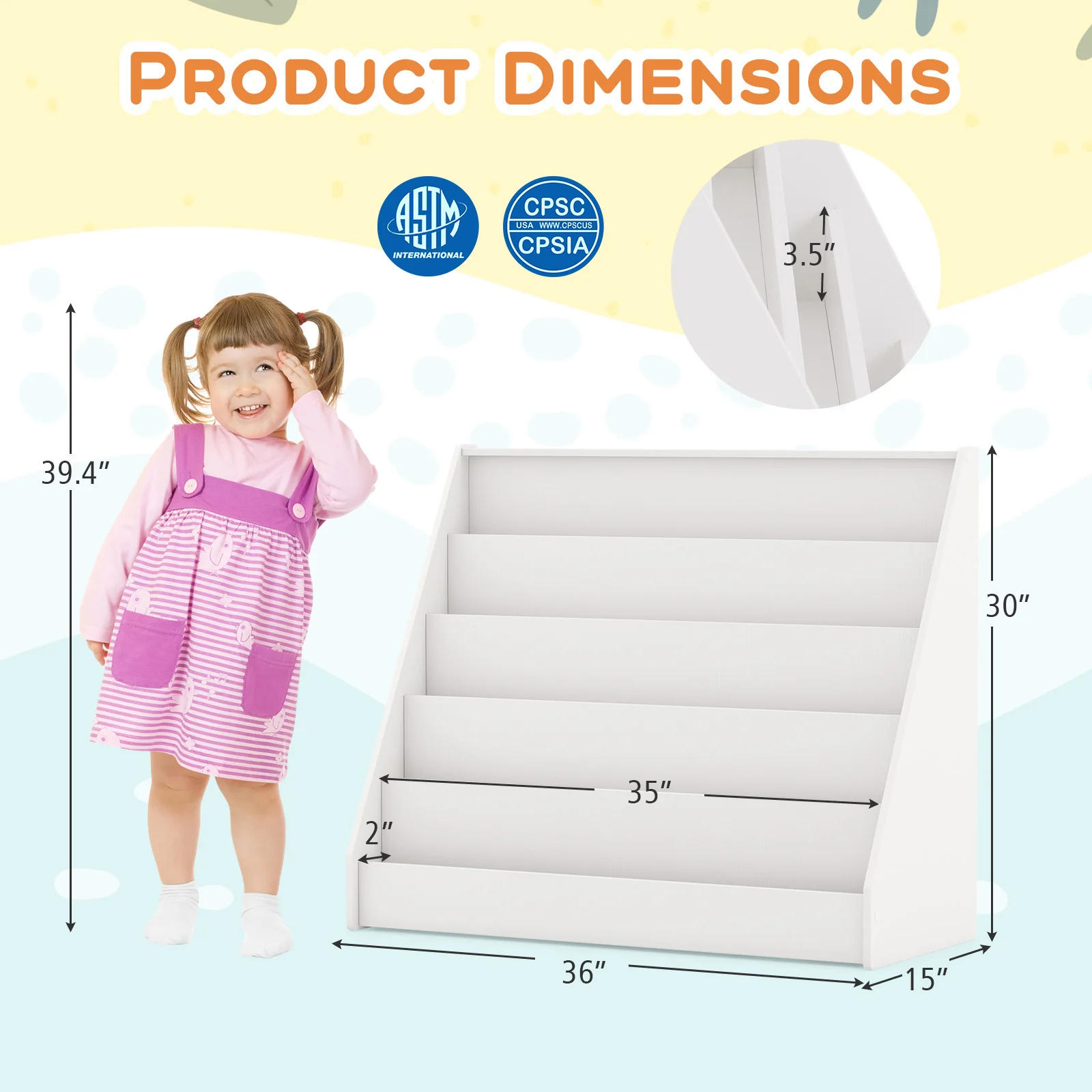 5-Tier Kids Bookshelf, Deep Compartments, Stable Baby Book Case, White - Image 6